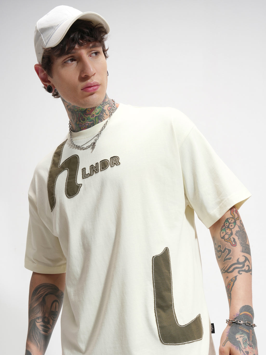 Highlander Men Cream Printed Round Neck Oversized Fit T-Shirt - Cream - Image 1