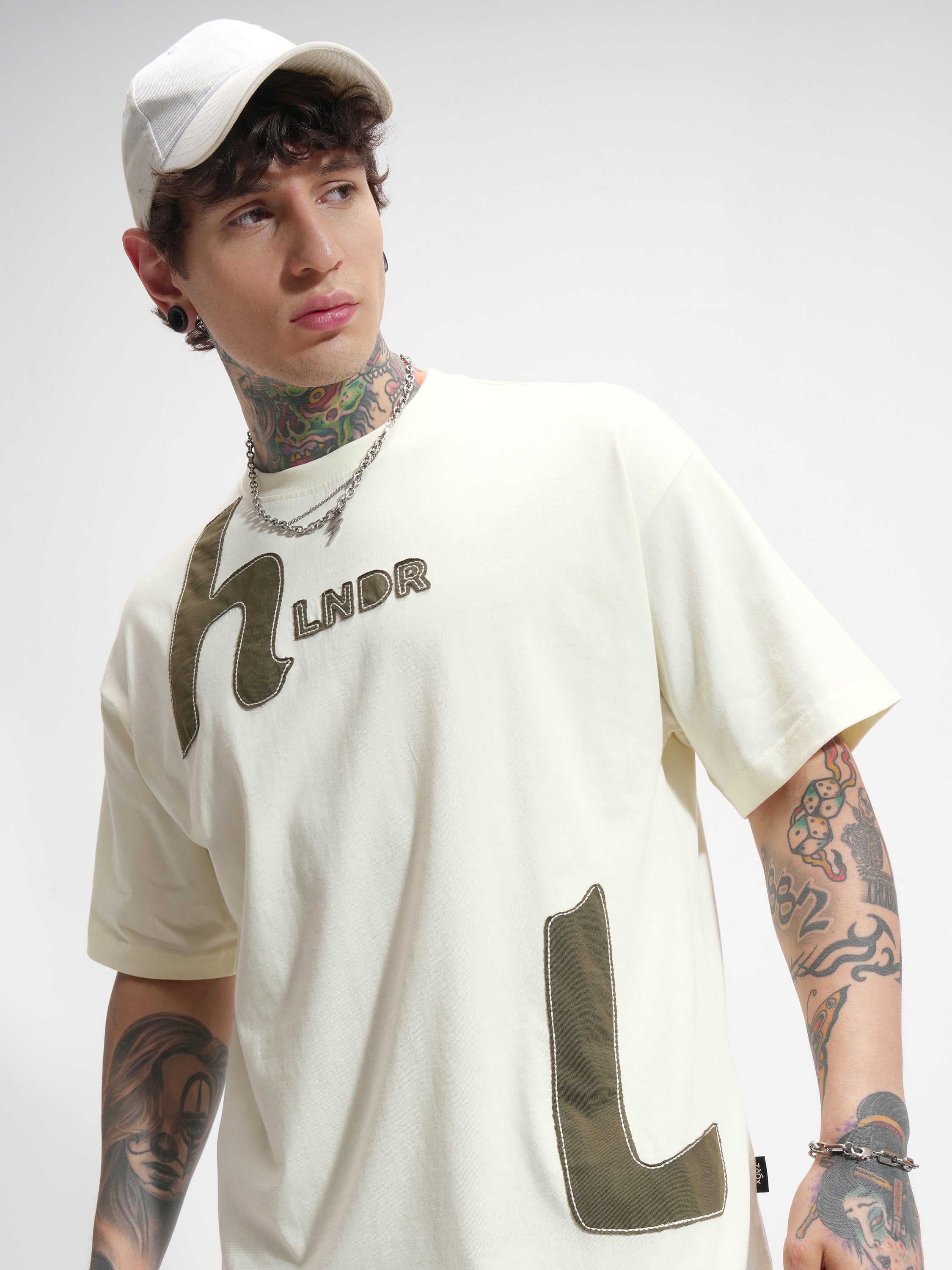 Highlander Men Cream Printed Round Neck Oversized Fit T-Shirt - Cream - Image 1
