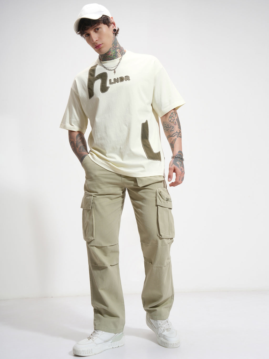 Highlander Men Cream Printed Round Neck Oversized Fit T-Shirt - Cream - Image 2