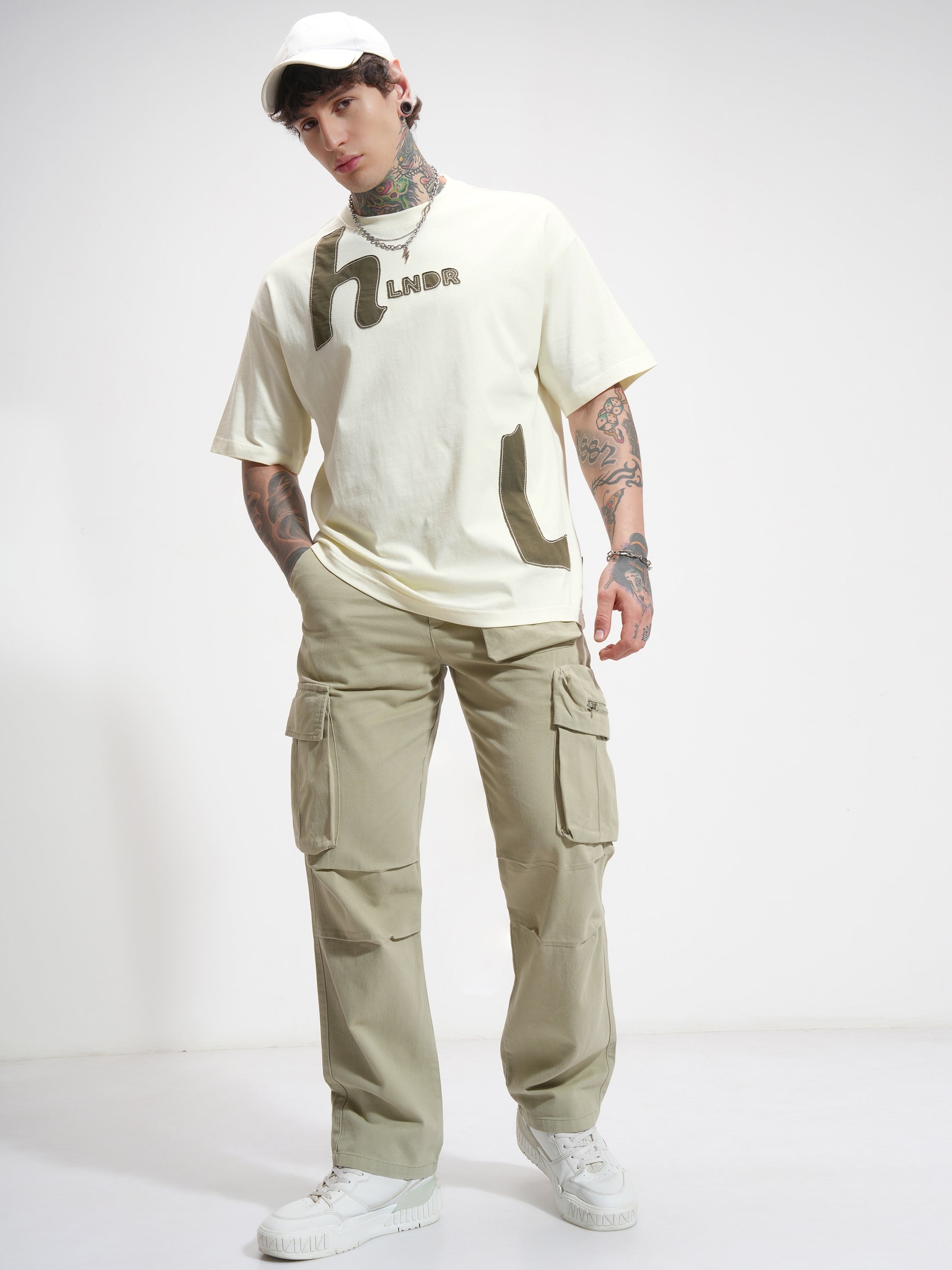 Highlander Men Cream Printed Round Neck Oversized Fit T-Shirt - Cream - Image 2