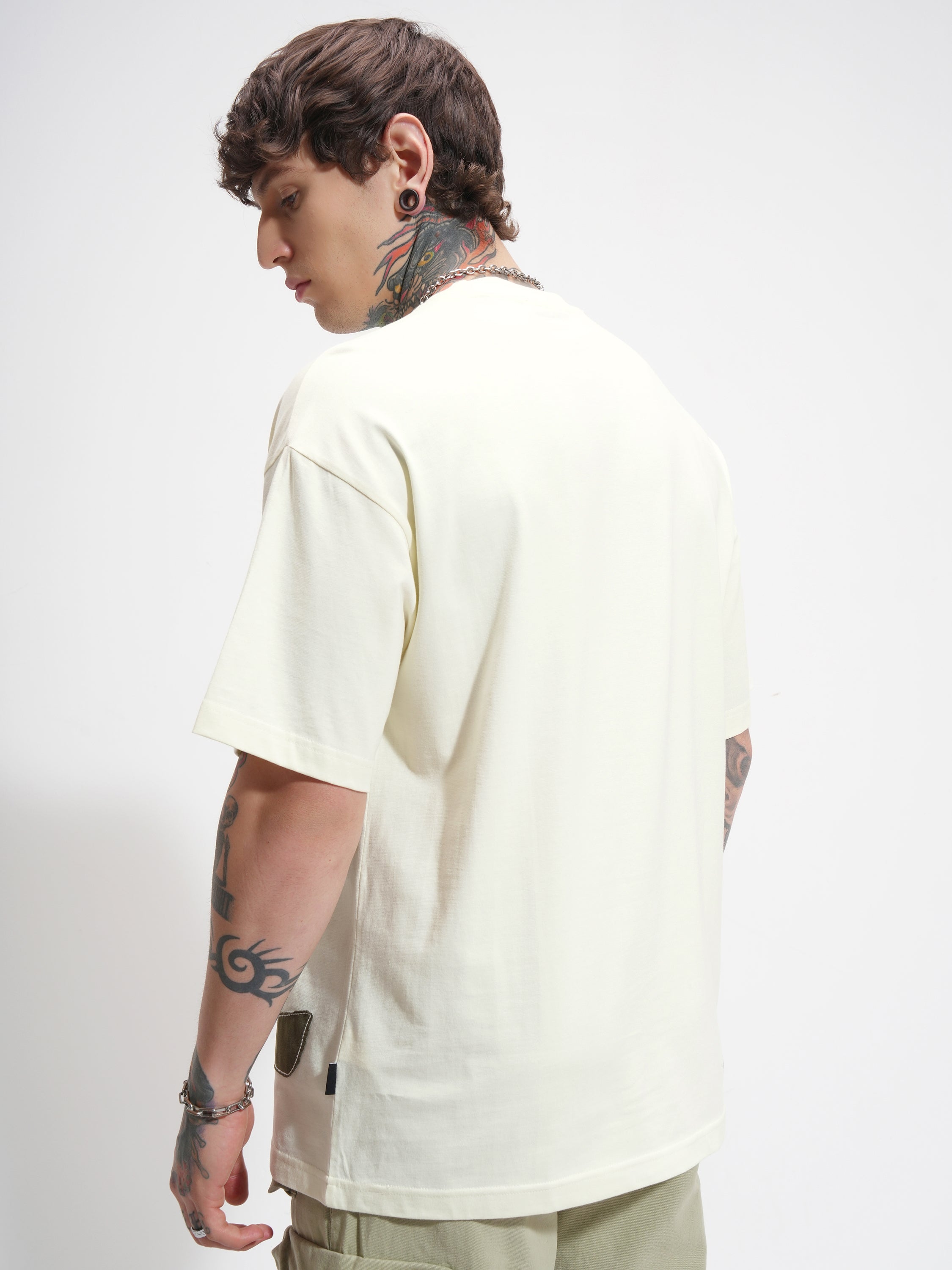 Highlander Men Cream Printed Round Neck Oversized Fit T-Shirt - Cream - Image 3
