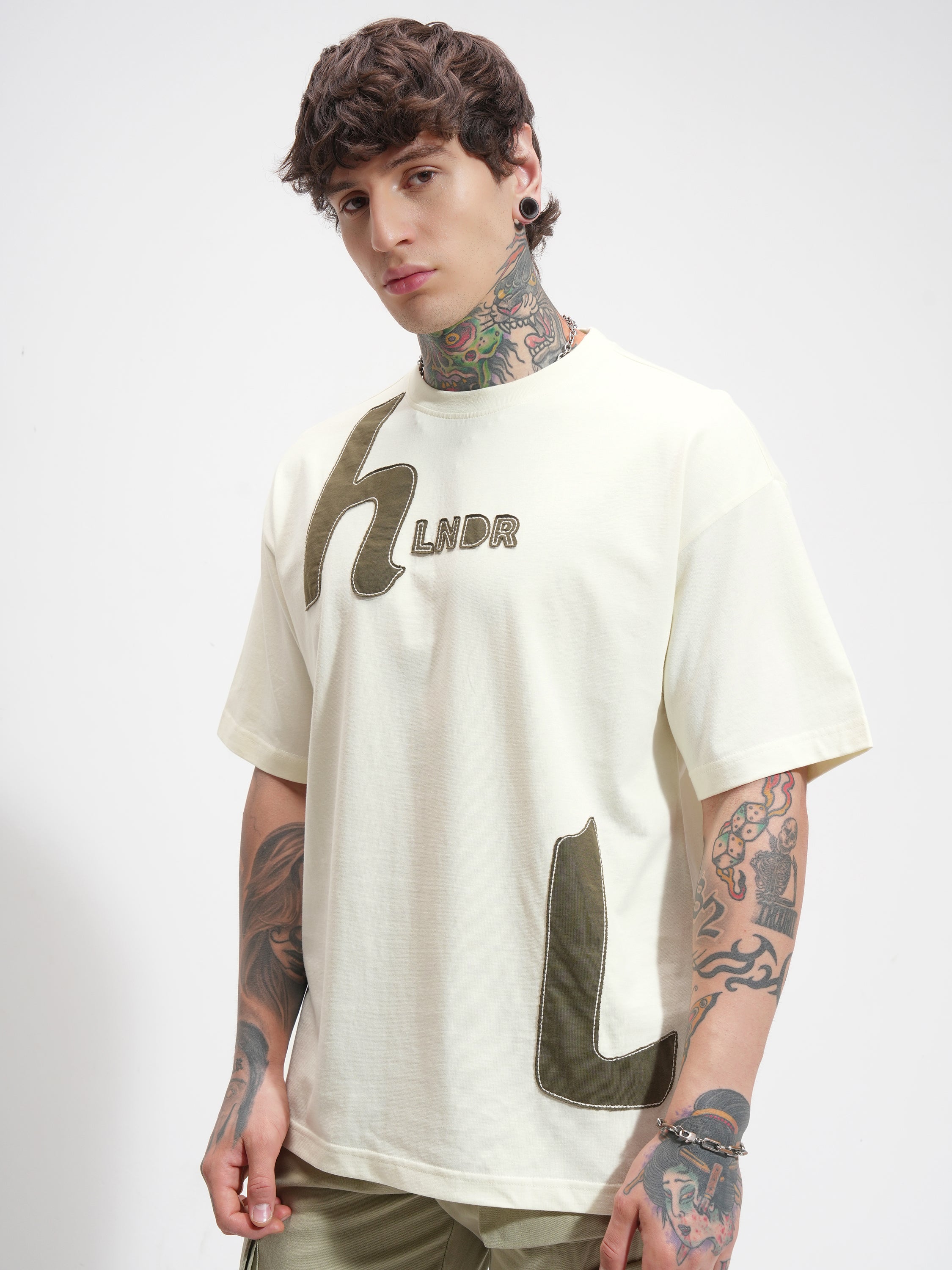 Highlander Men Cream Printed Round Neck Oversized Fit T-Shirt - Cream - Image 4