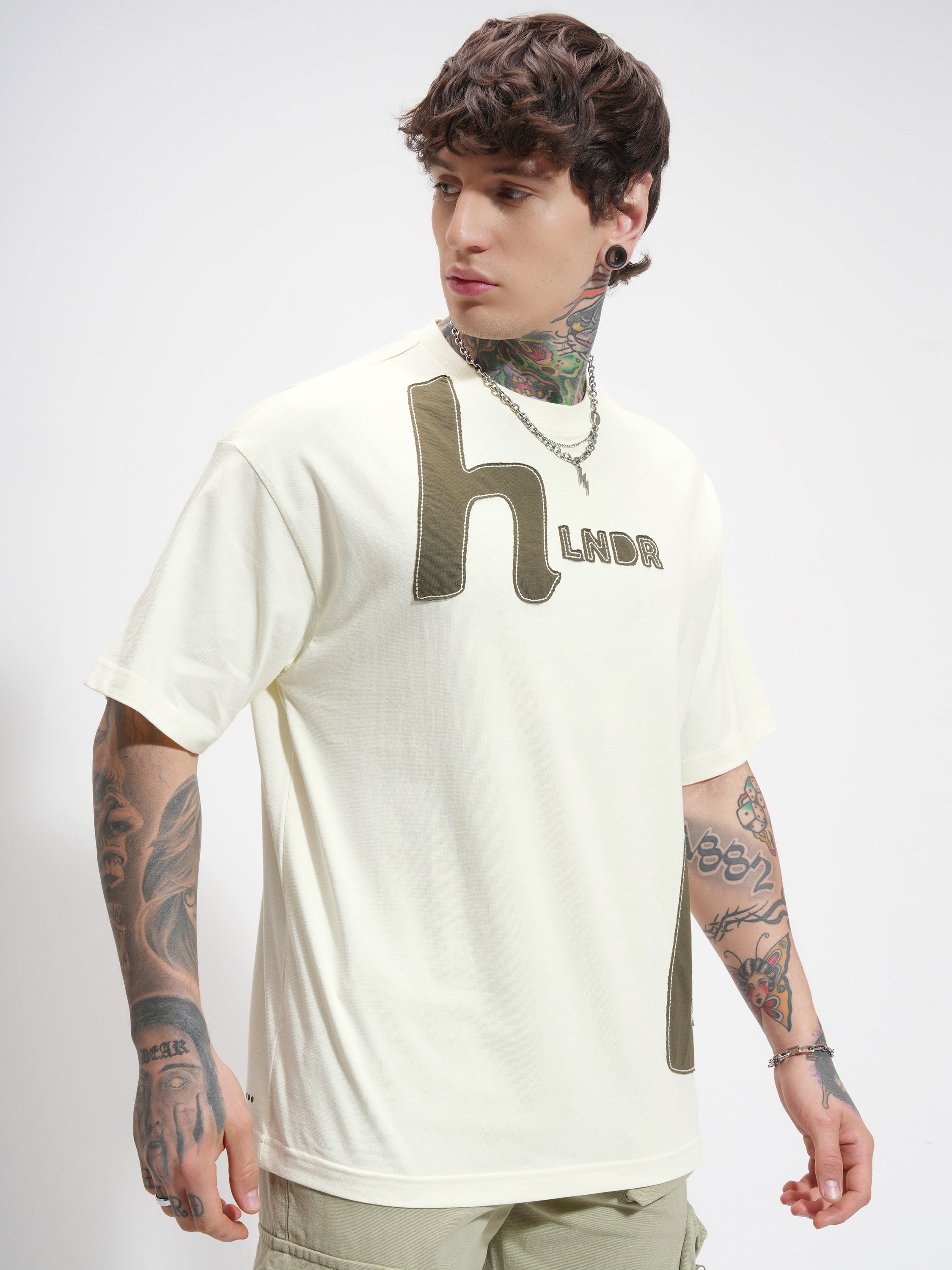 Highlander Men Cream Printed Round Neck Oversized Fit T-Shirt - Cream - Image 6