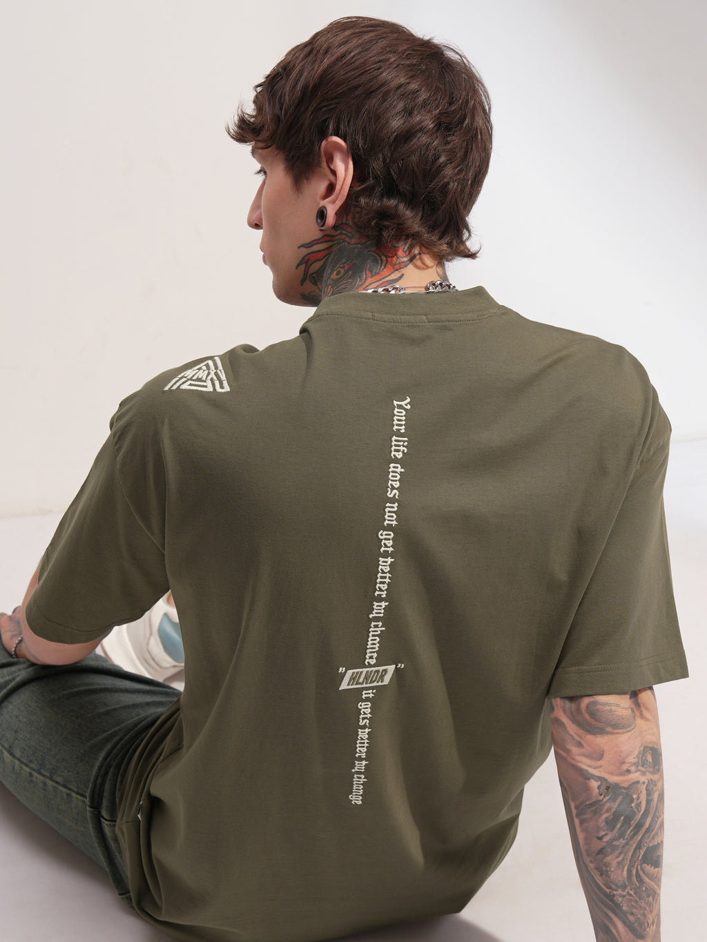 Highlander Men Olive Printed Round Neck Oversized Fit T-Shirt - Olive - Image 1
