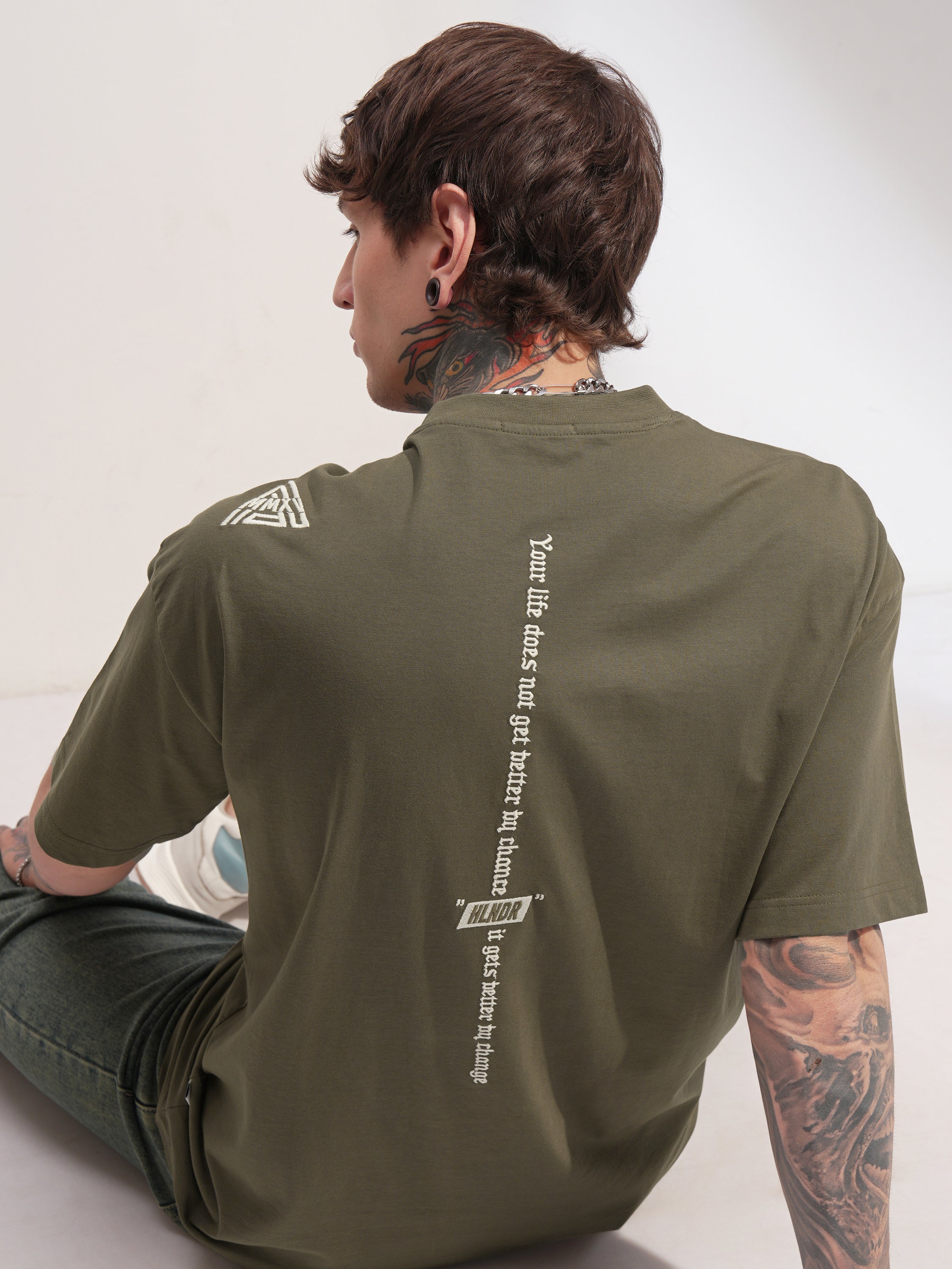 Highlander Men Olive Printed Round Neck Oversized Fit T-Shirt - Olive - Image 1