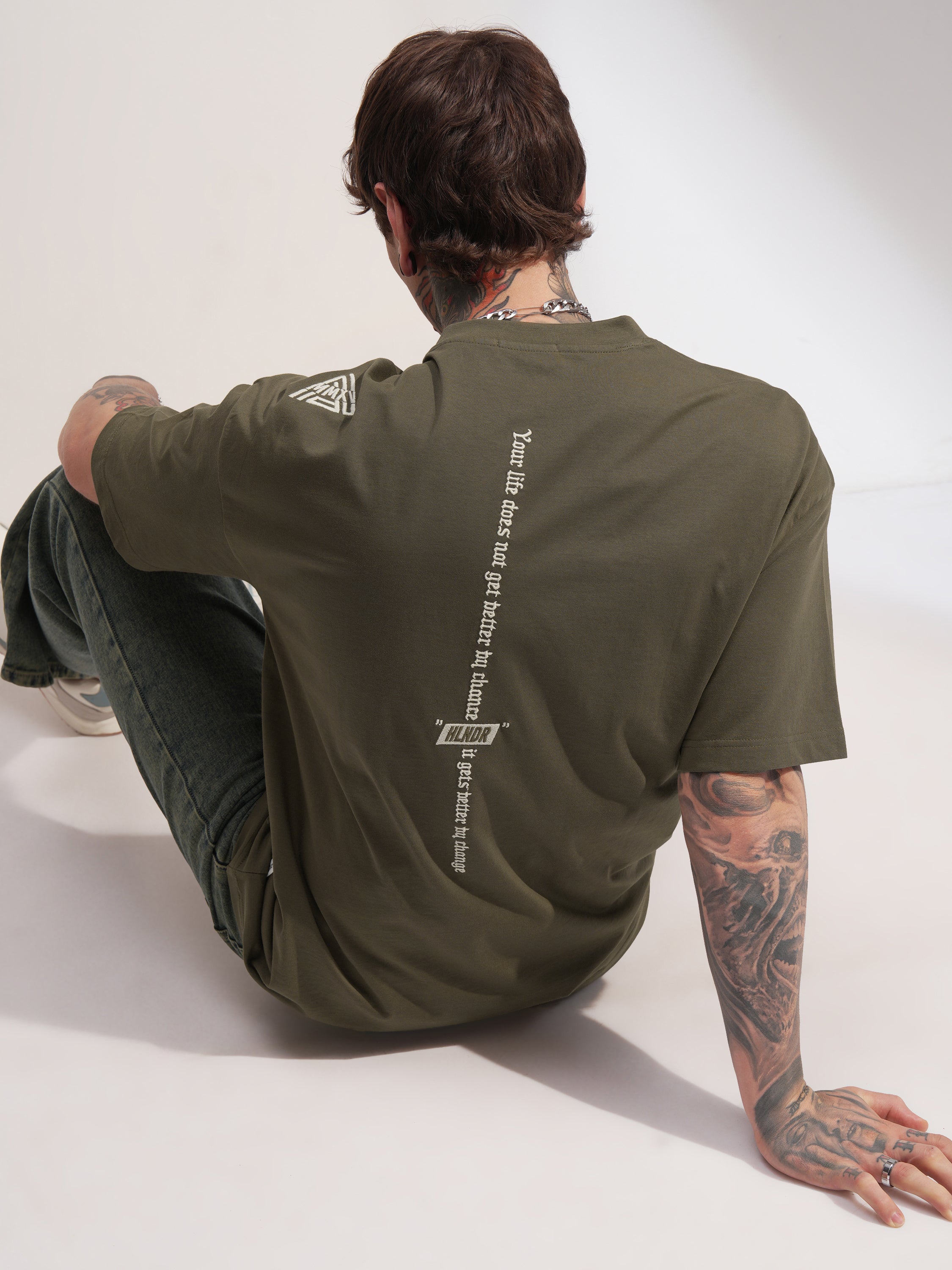 Highlander Men Olive Printed Round Neck Oversized Fit T-Shirt - Olive - Image 2