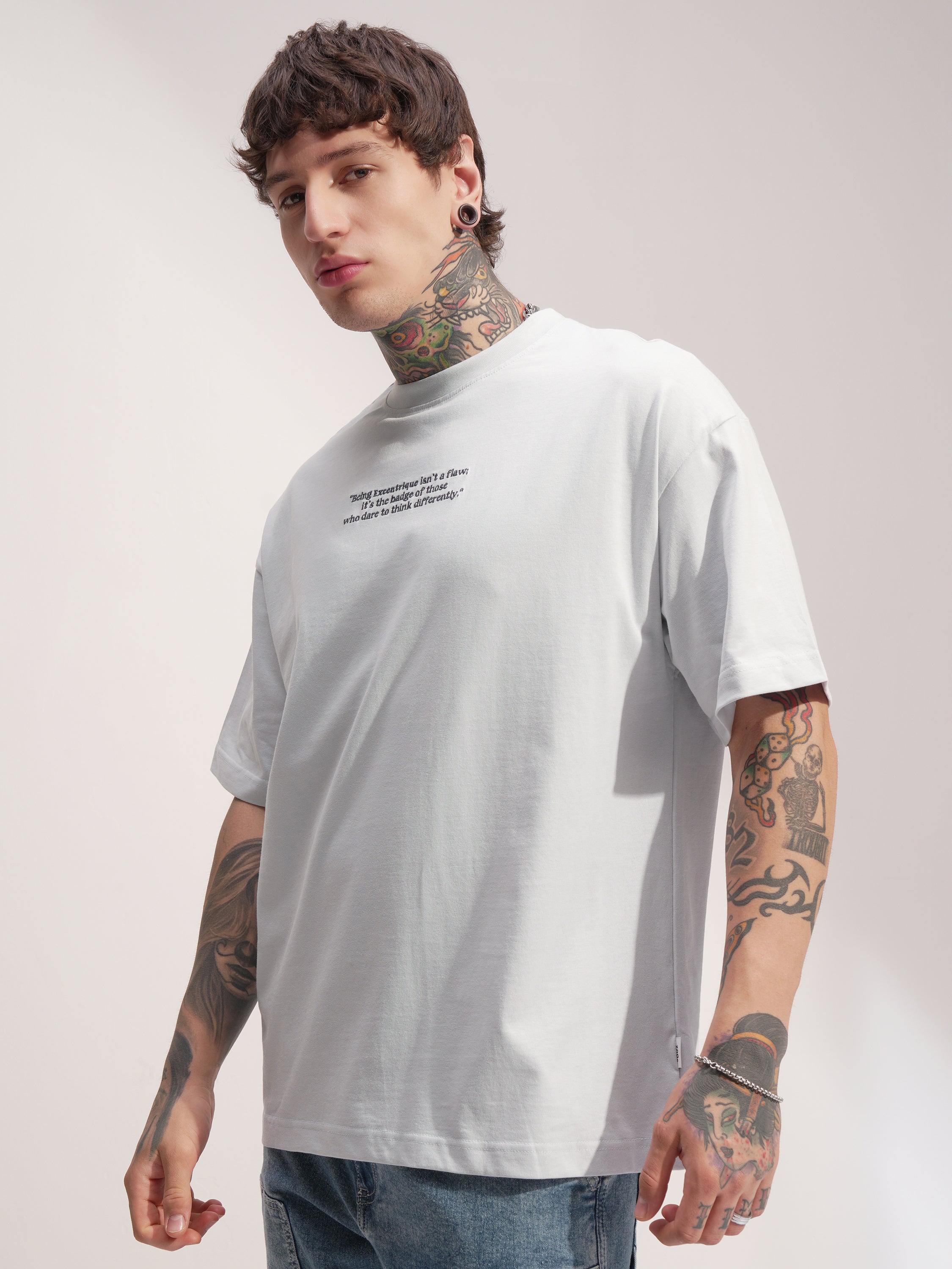 Highlander Men White Printed Round Neck Oversized Fit T-Shirt - White - Image 4