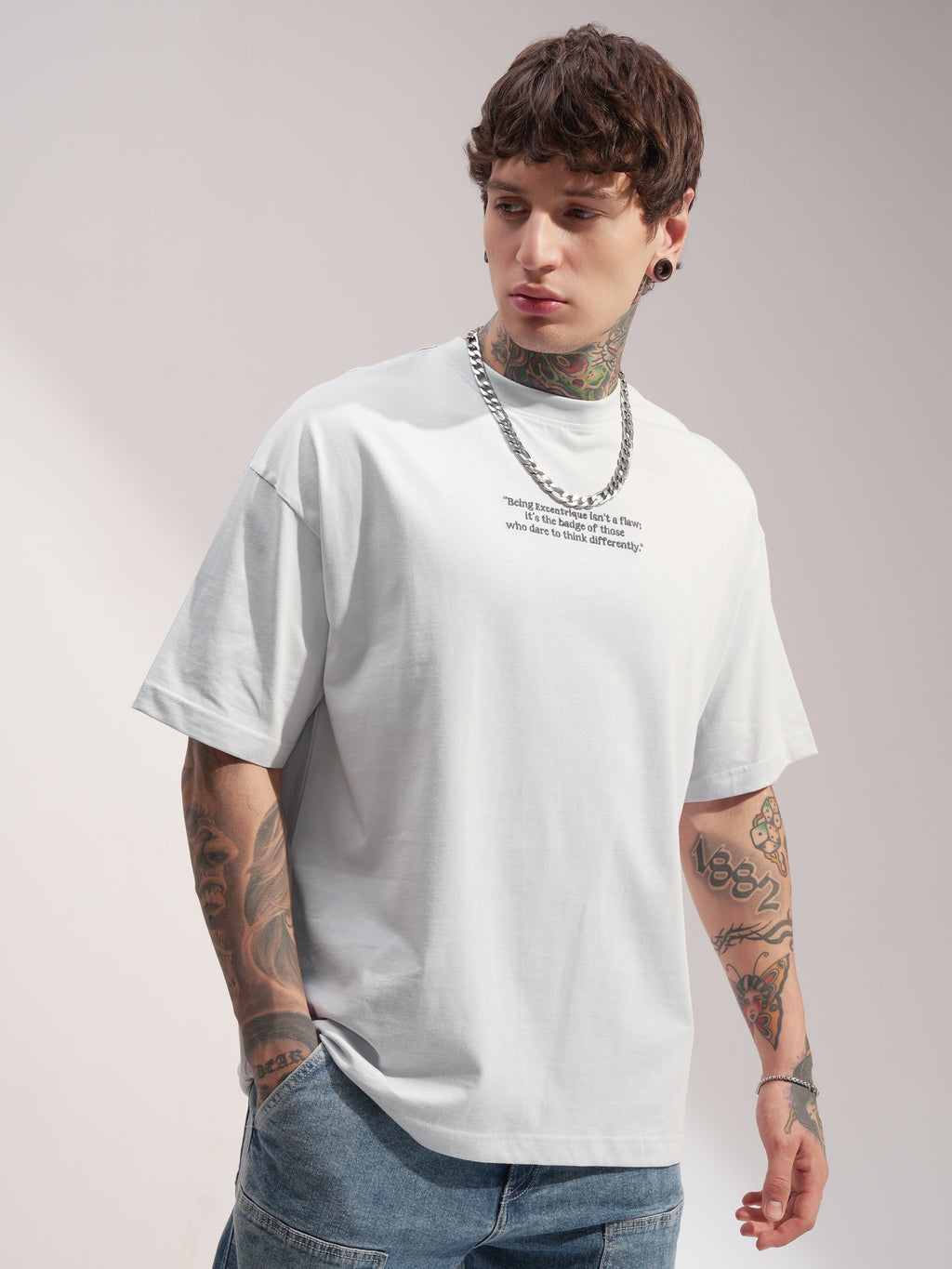 Highlander Men White Printed Round Neck Oversized Fit T-Shirt - White - Image 6