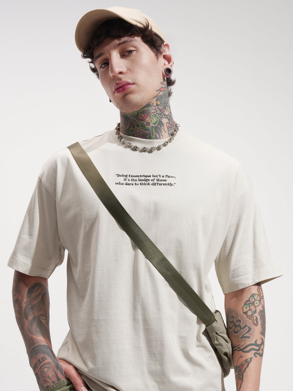 Highlander Men Beige Printed Round Neck Oversized Fit T-Shirt - Beige - Image 1