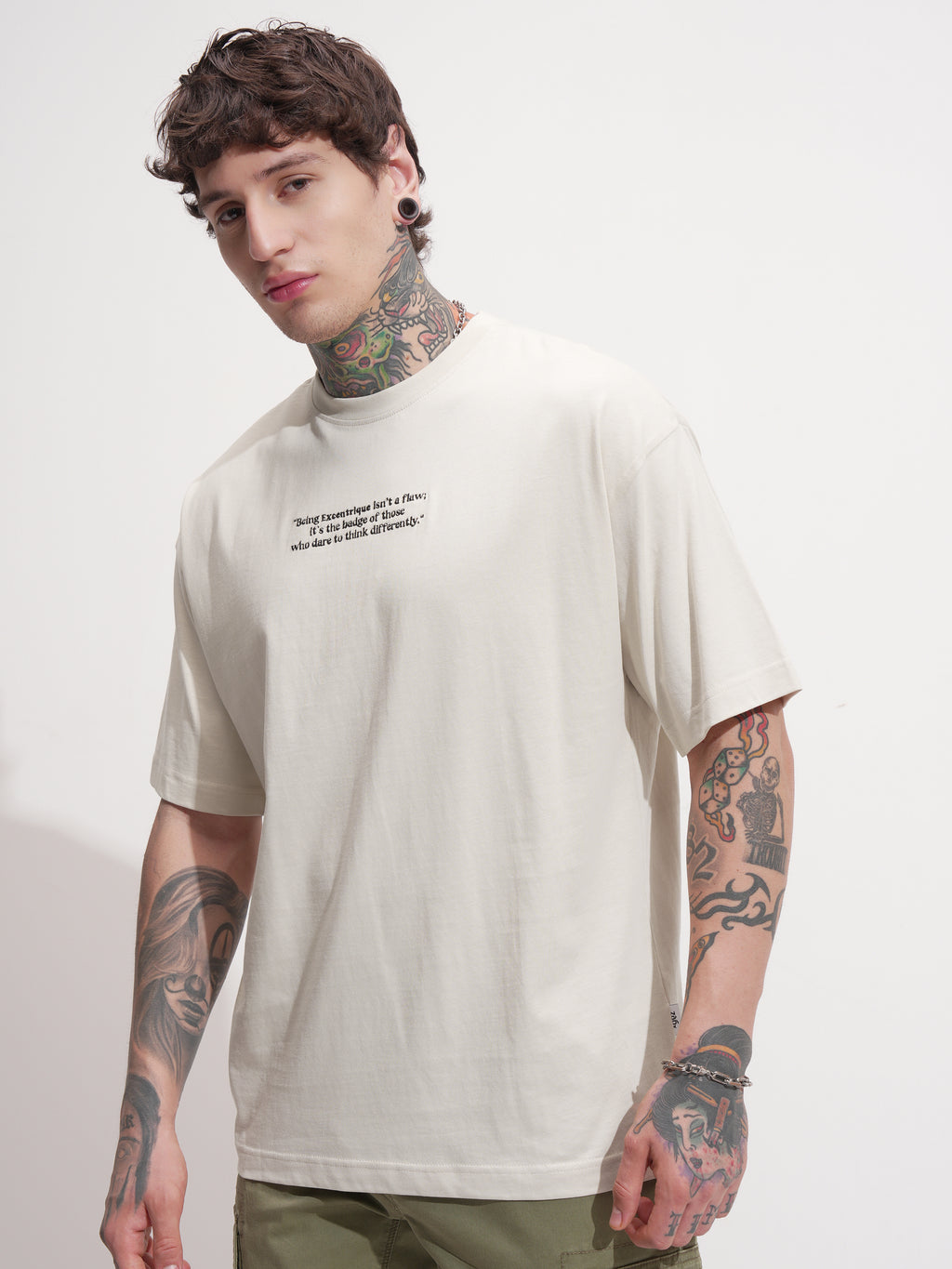 Highlander Men Beige Printed Round Neck Oversized Fit T-Shirt - Beige - Image 4