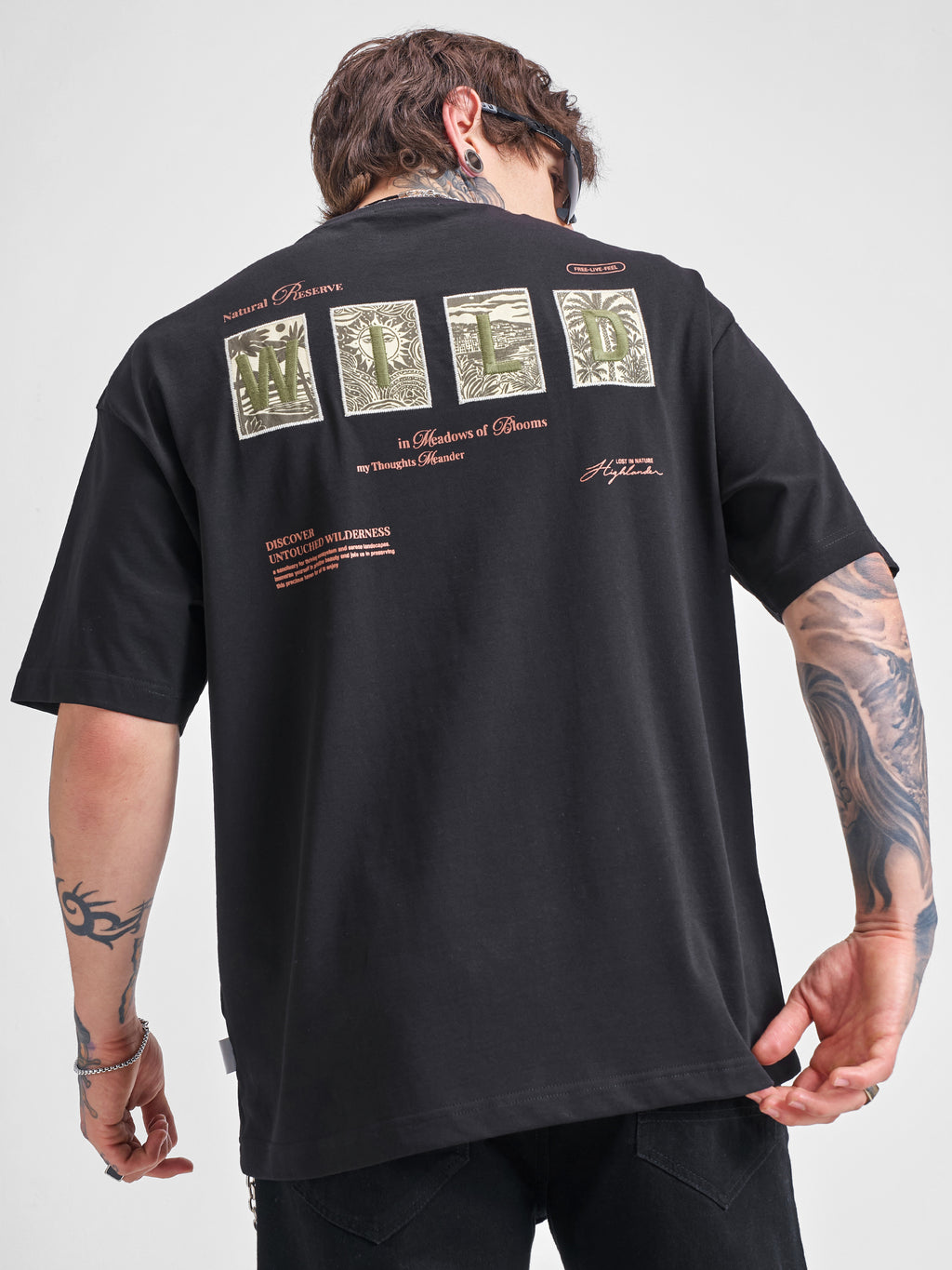 Highlander Men Black Printed Round Neck Oversized Fit T-Shirt - Black - Image 1
