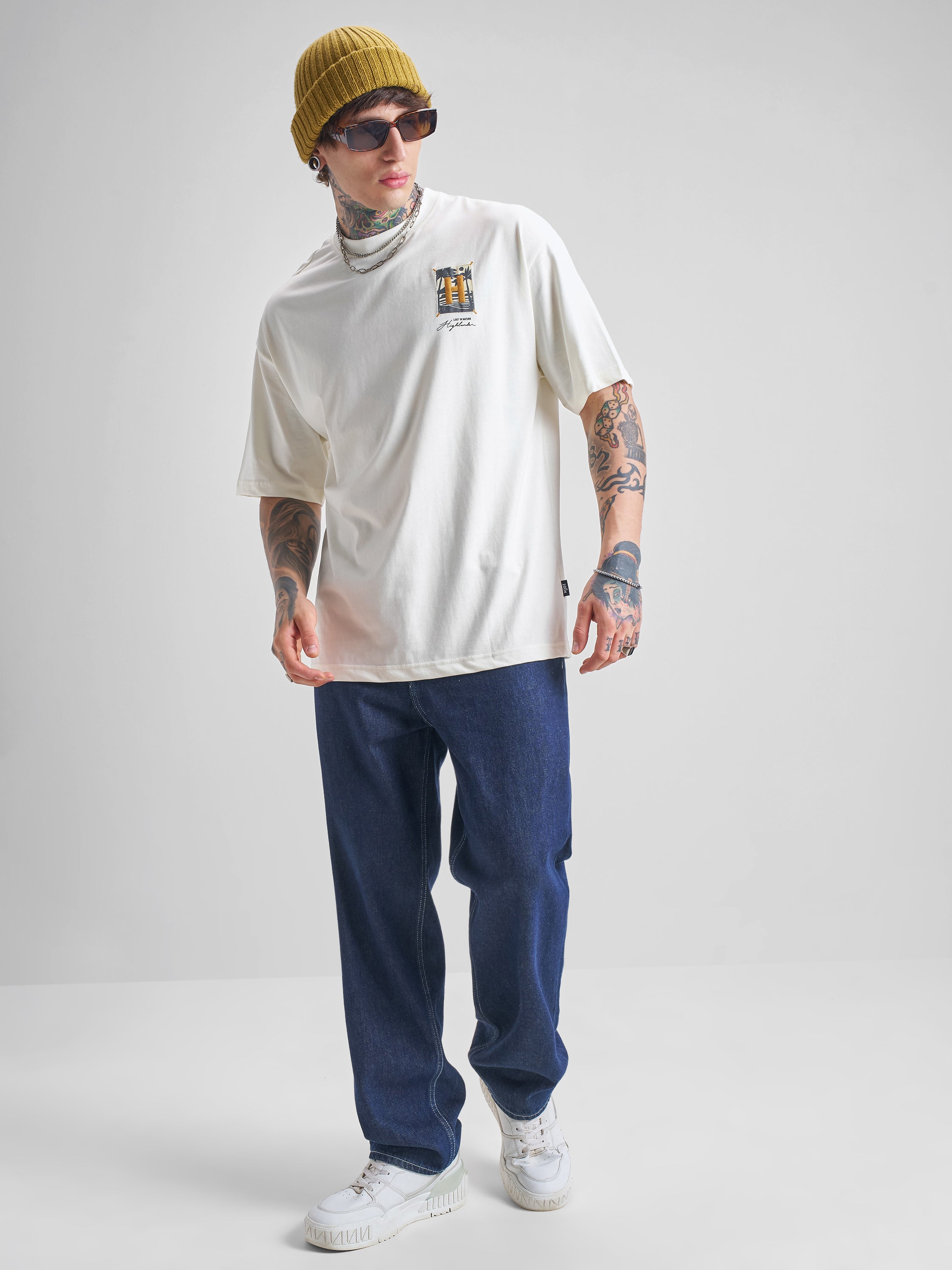 Highlander Men Off White Printed Round Neck Oversized Fit T-Shirt - Off White - Image 2