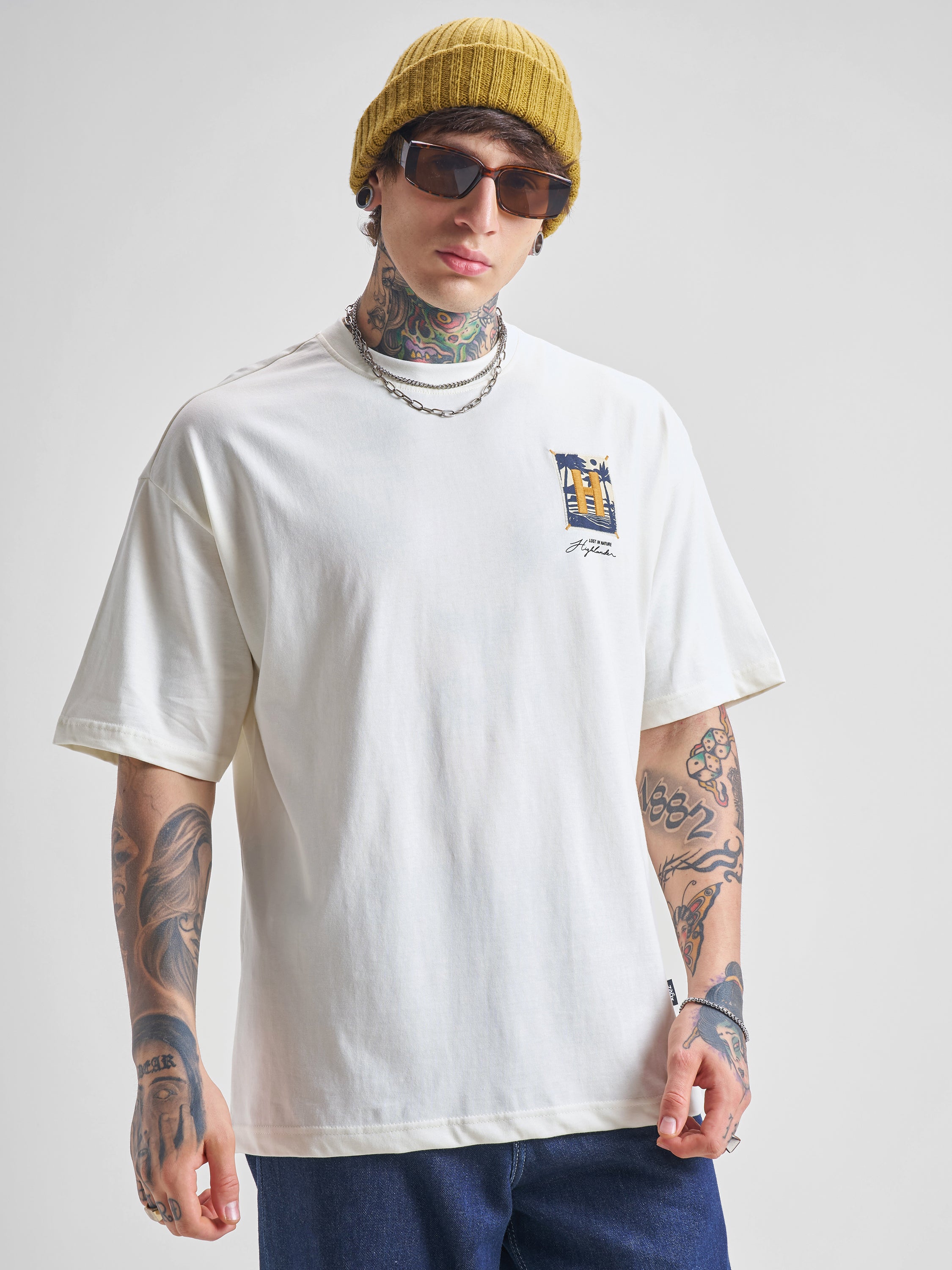Highlander Men Off White Printed Round Neck Oversized Fit T-Shirt - Off White - Image 3
