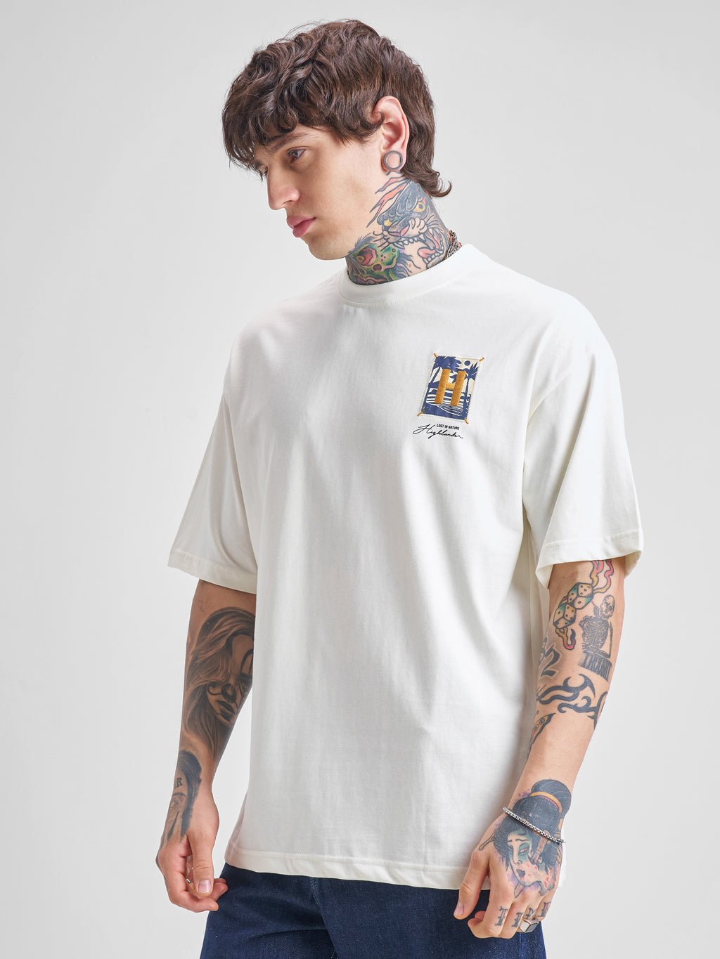 Highlander Men Off White Printed Round Neck Oversized Fit T-Shirt - Off White - Image 4