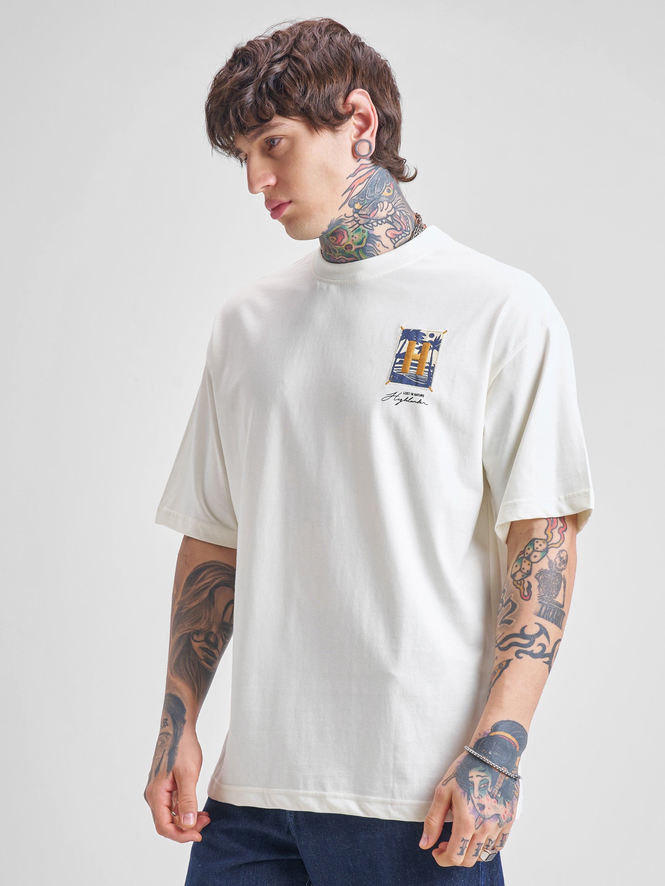 Highlander Men Off White Printed Round Neck Oversized Fit T-Shirt - Off White - Image 4