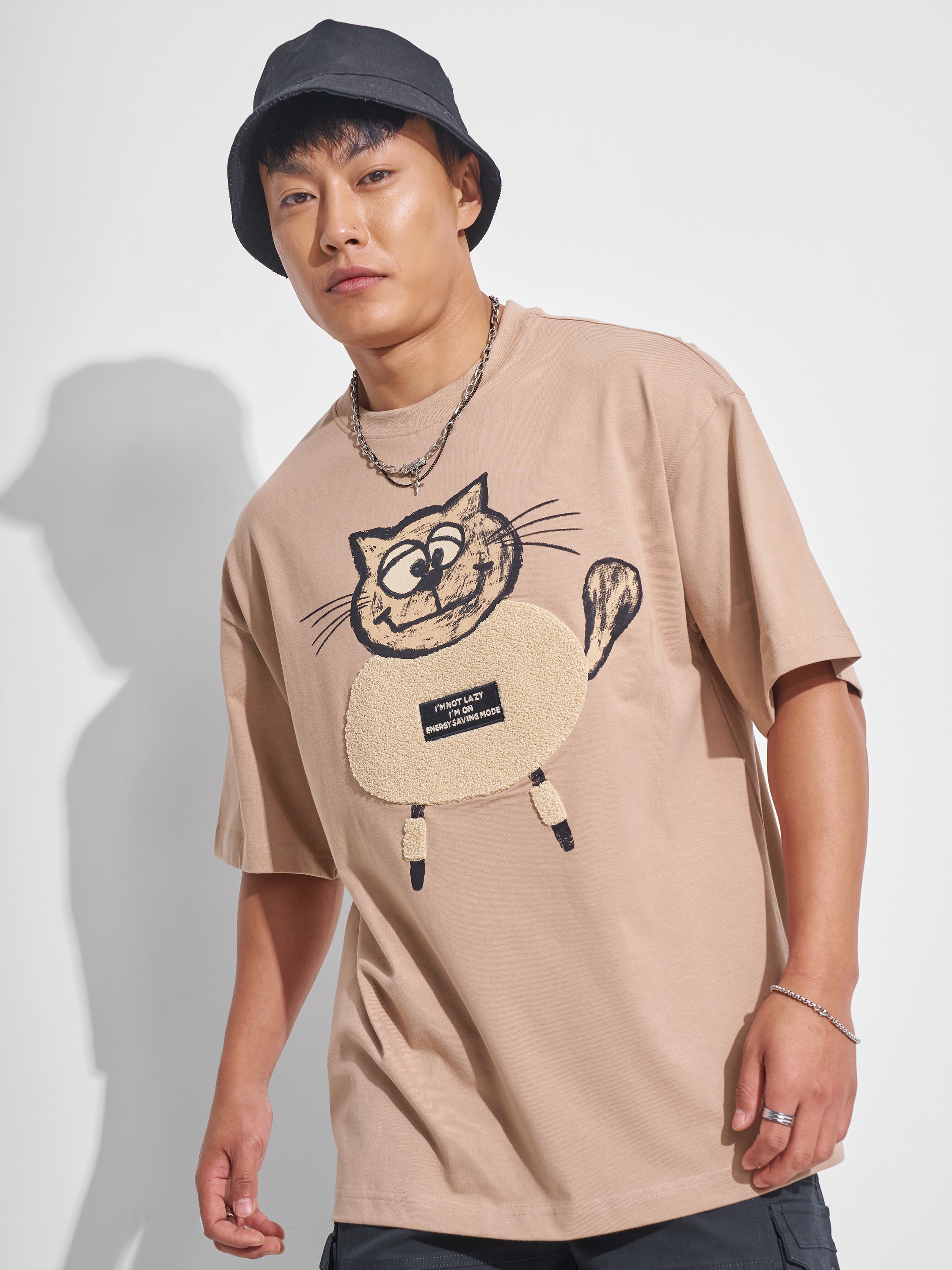 Highlander Men Beige Printed Round Neck Oversized Fit T-Shirt - Beige - Image 1