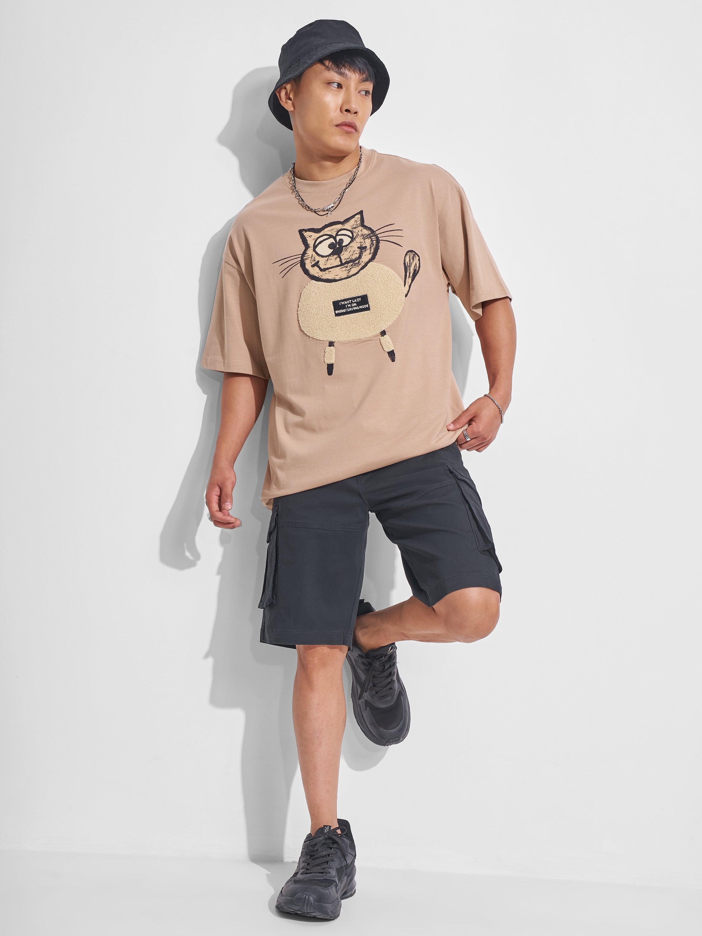 Highlander Men Beige Printed Round Neck Oversized Fit T-Shirt - Beige - Image 2