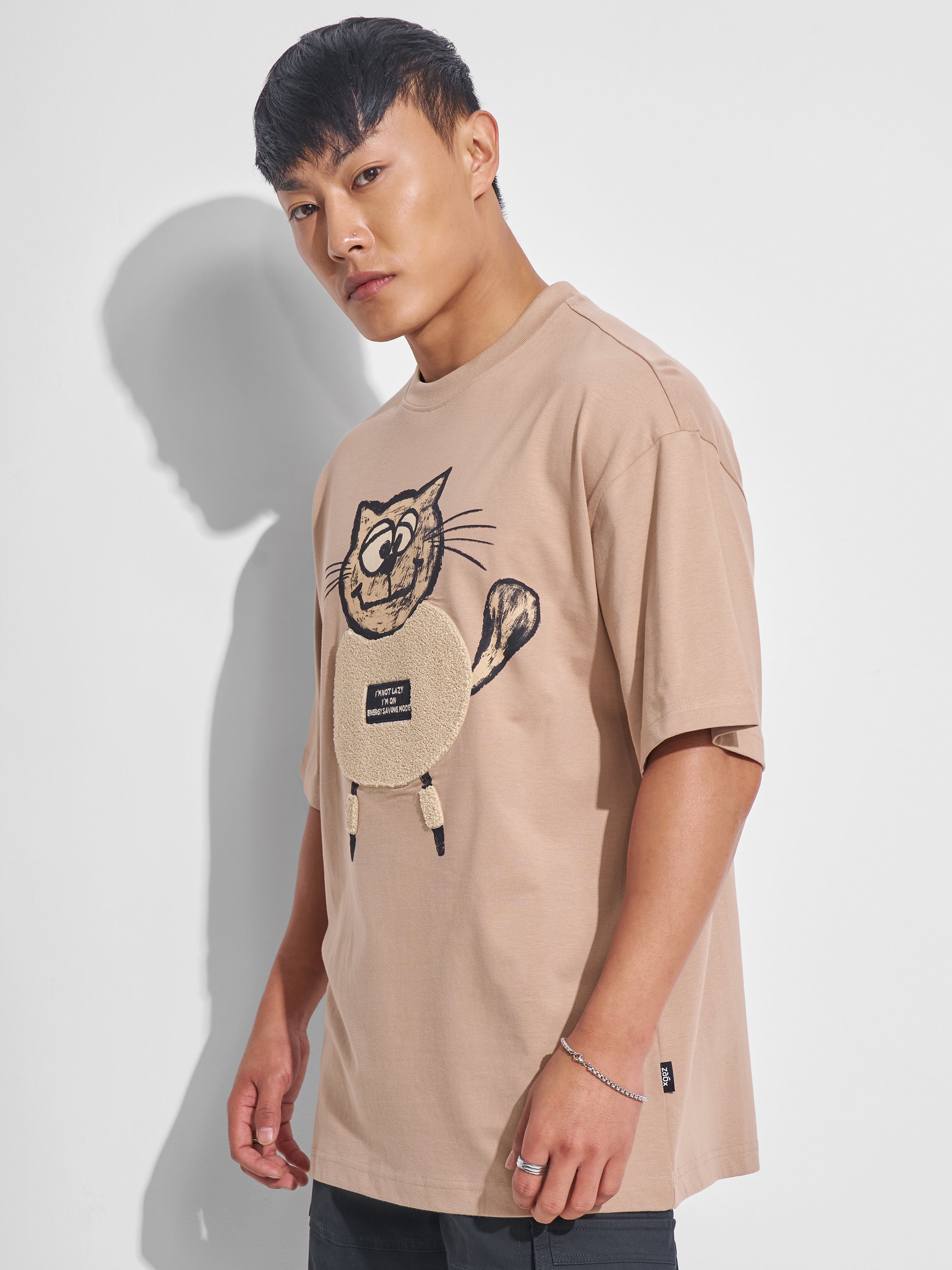 Highlander Men Beige Printed Round Neck Oversized Fit T-Shirt - Beige - Image 4