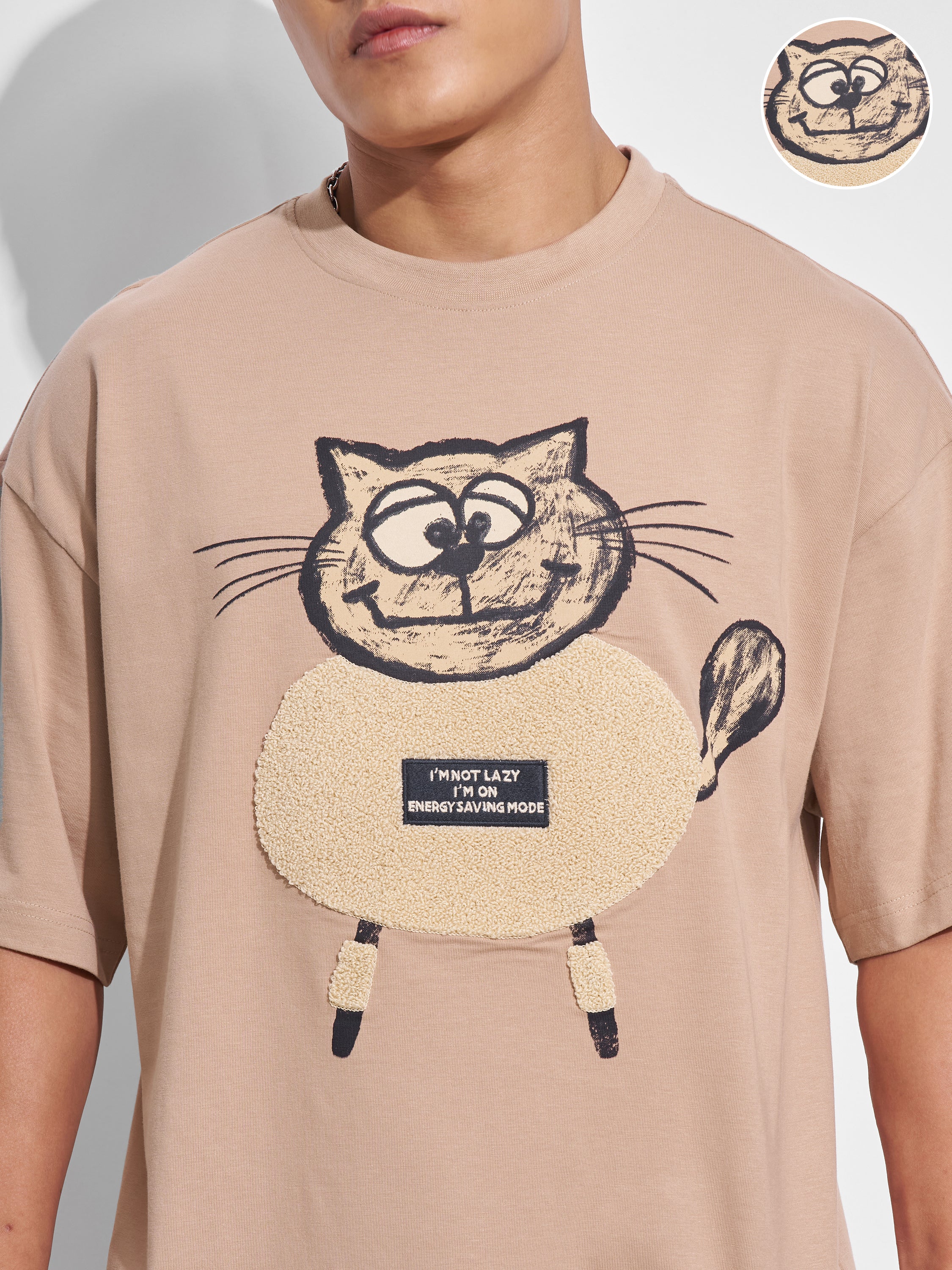 Highlander Men Beige Printed Round Neck Oversized Fit T-Shirt - Beige - Image 5