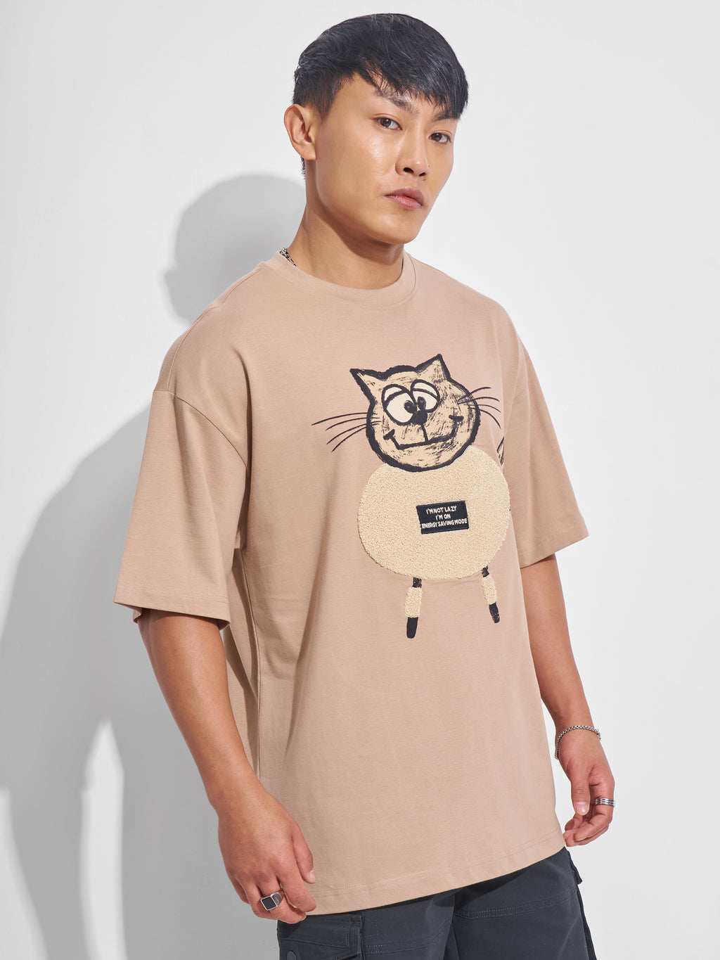 Highlander Men Beige Printed Round Neck Oversized Fit T-Shirt - Beige - Image 6
