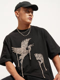 Highlander Men Black Embroidered Round Neck Oversized Fit T-Shirt - Black - Image 1