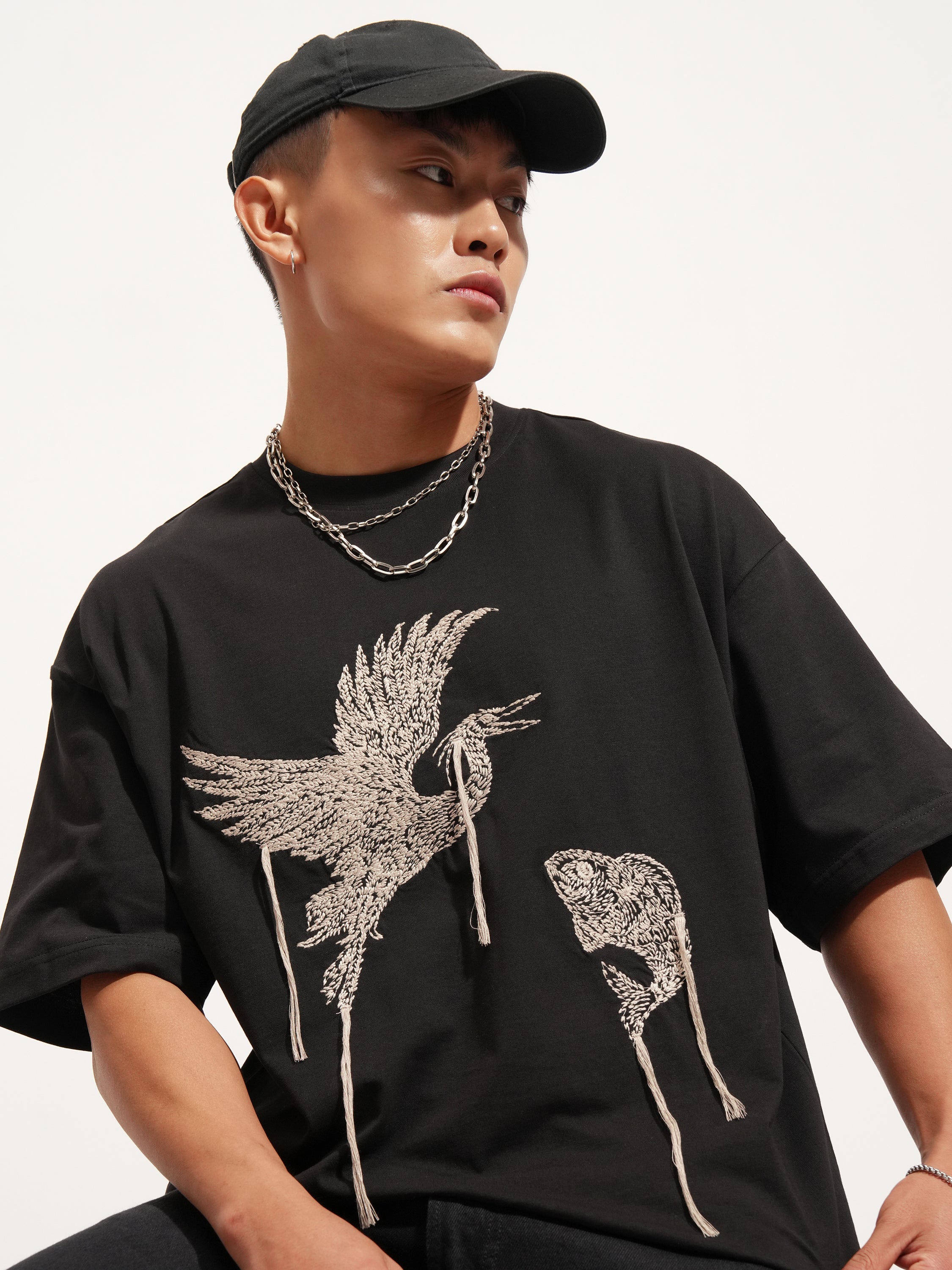 Highlander Men Black Embroidered Round Neck Oversized Fit T-Shirt - Black - Image 1