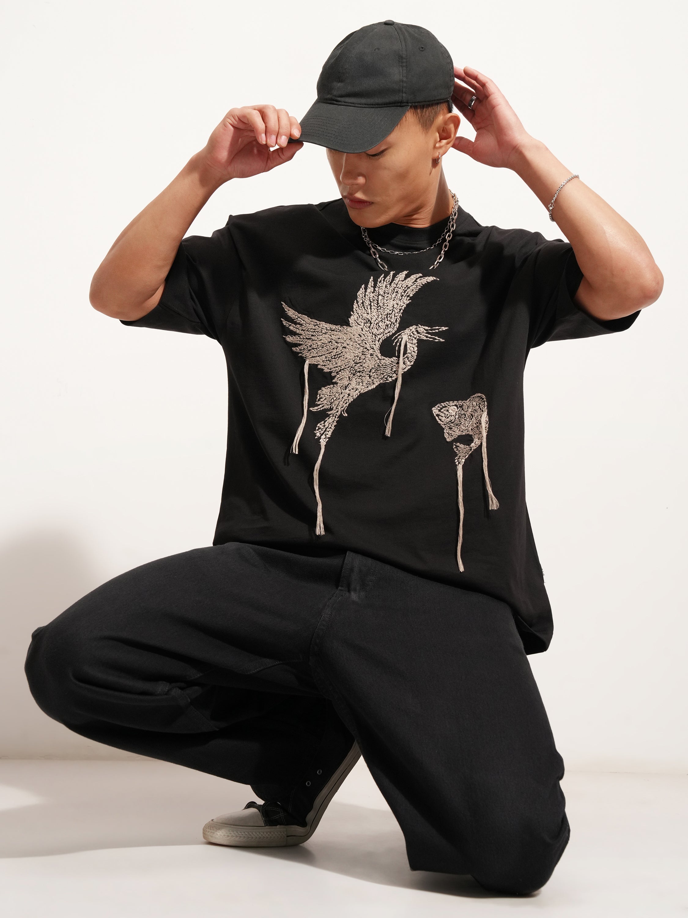 Highlander Men Black Embroidered Round Neck Oversized Fit T-Shirt - Black - Image 2