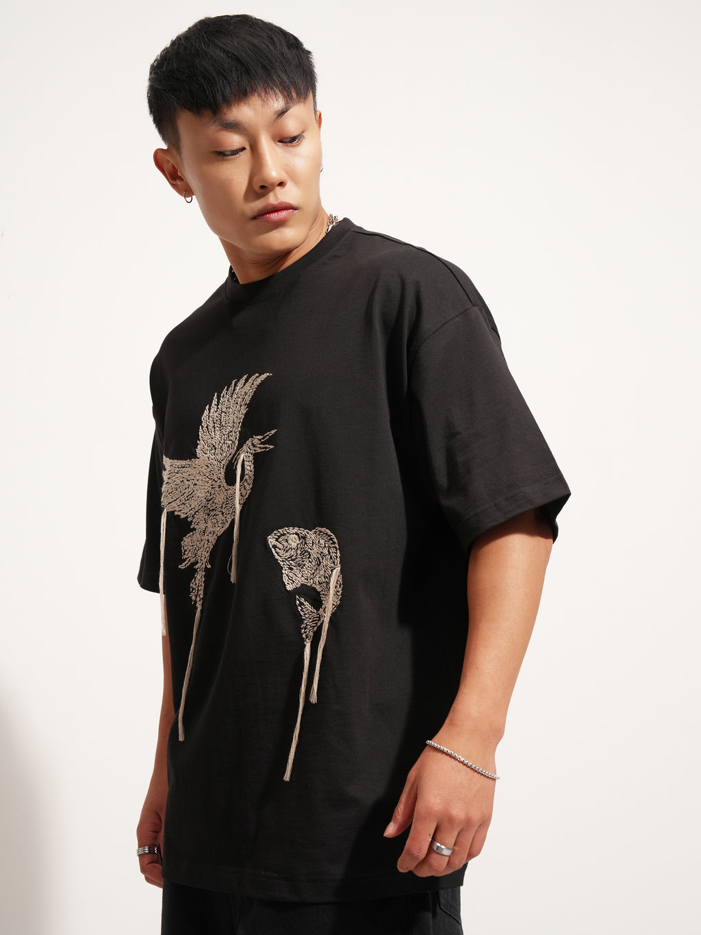 Highlander Men Black Embroidered Round Neck Oversized Fit T-Shirt - Black - Image 4