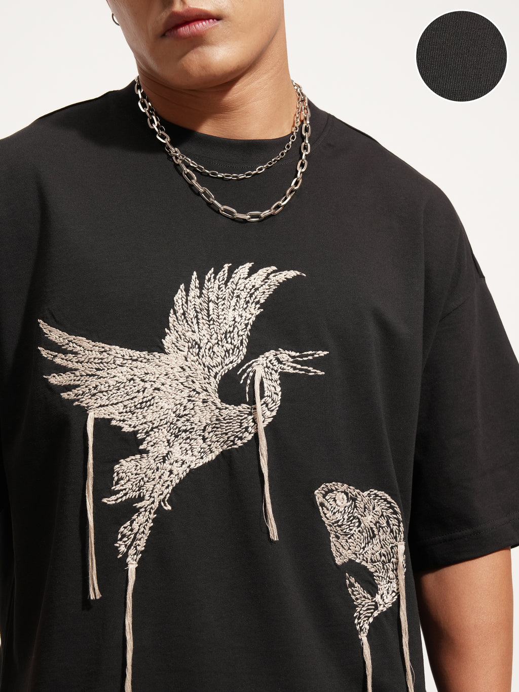 Highlander Men Black Embroidered Round Neck Oversized Fit T-Shirt - Black - Image 5
