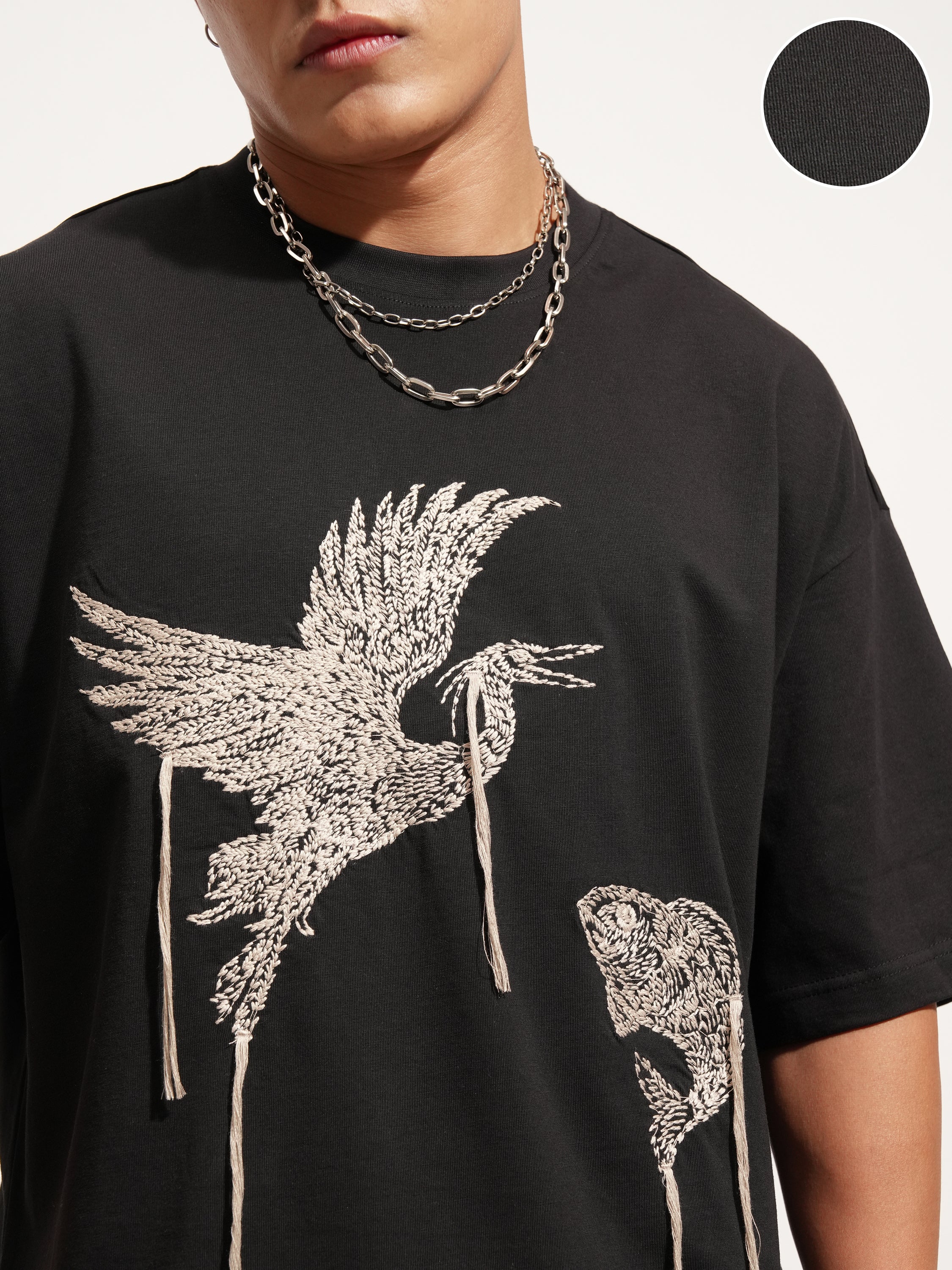 Highlander Men Black Embroidered Round Neck Oversized Fit T-Shirt - Black - Image 5