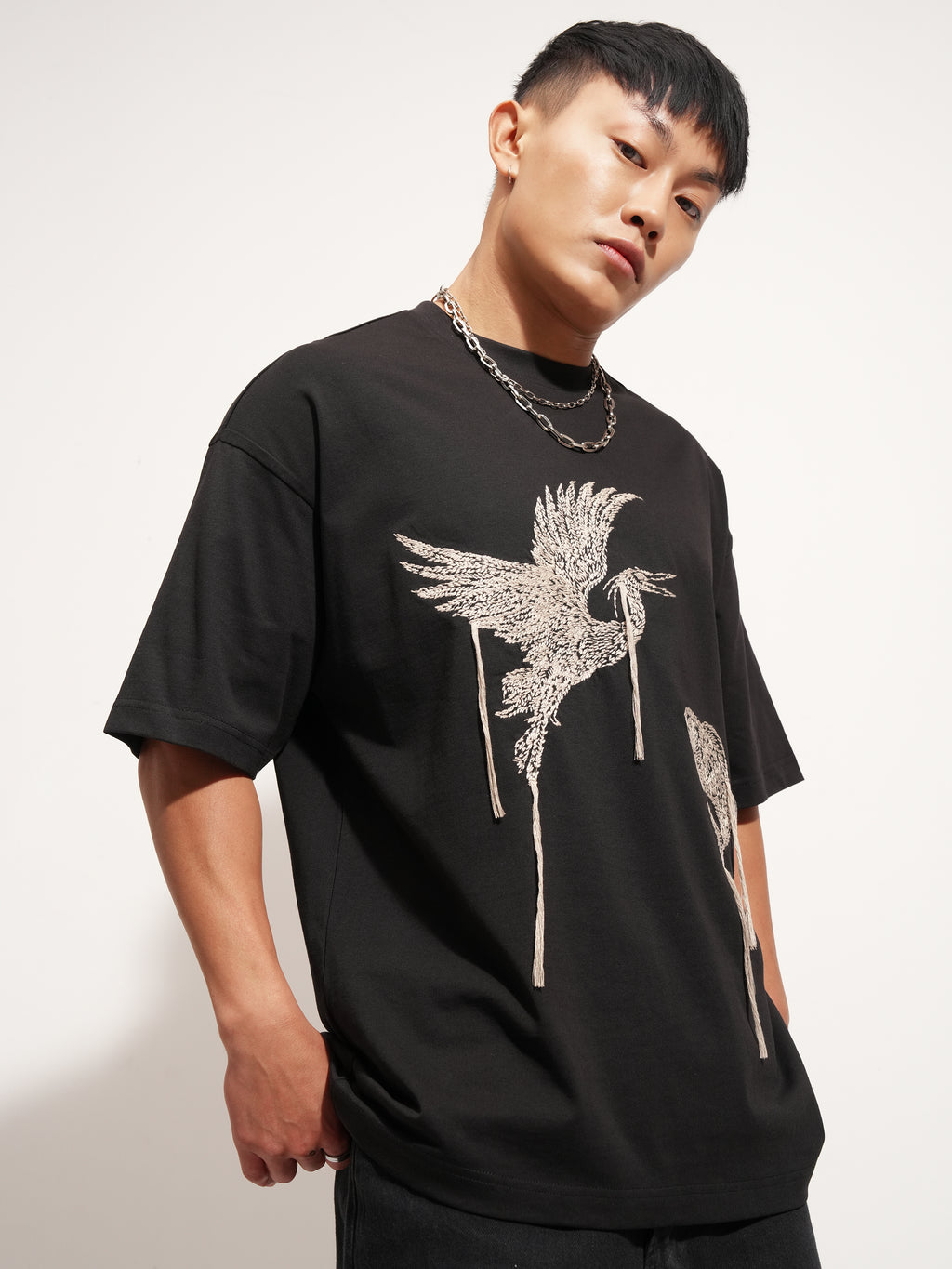 Highlander Men Black Embroidered Round Neck Oversized Fit T-Shirt - Black - Image 6