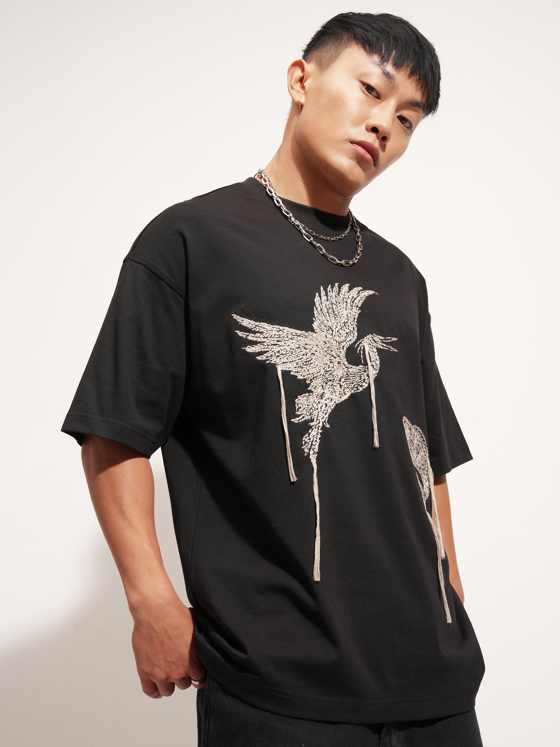 Highlander Men Black Embroidered Round Neck Oversized Fit T-Shirt - Black - Image 6