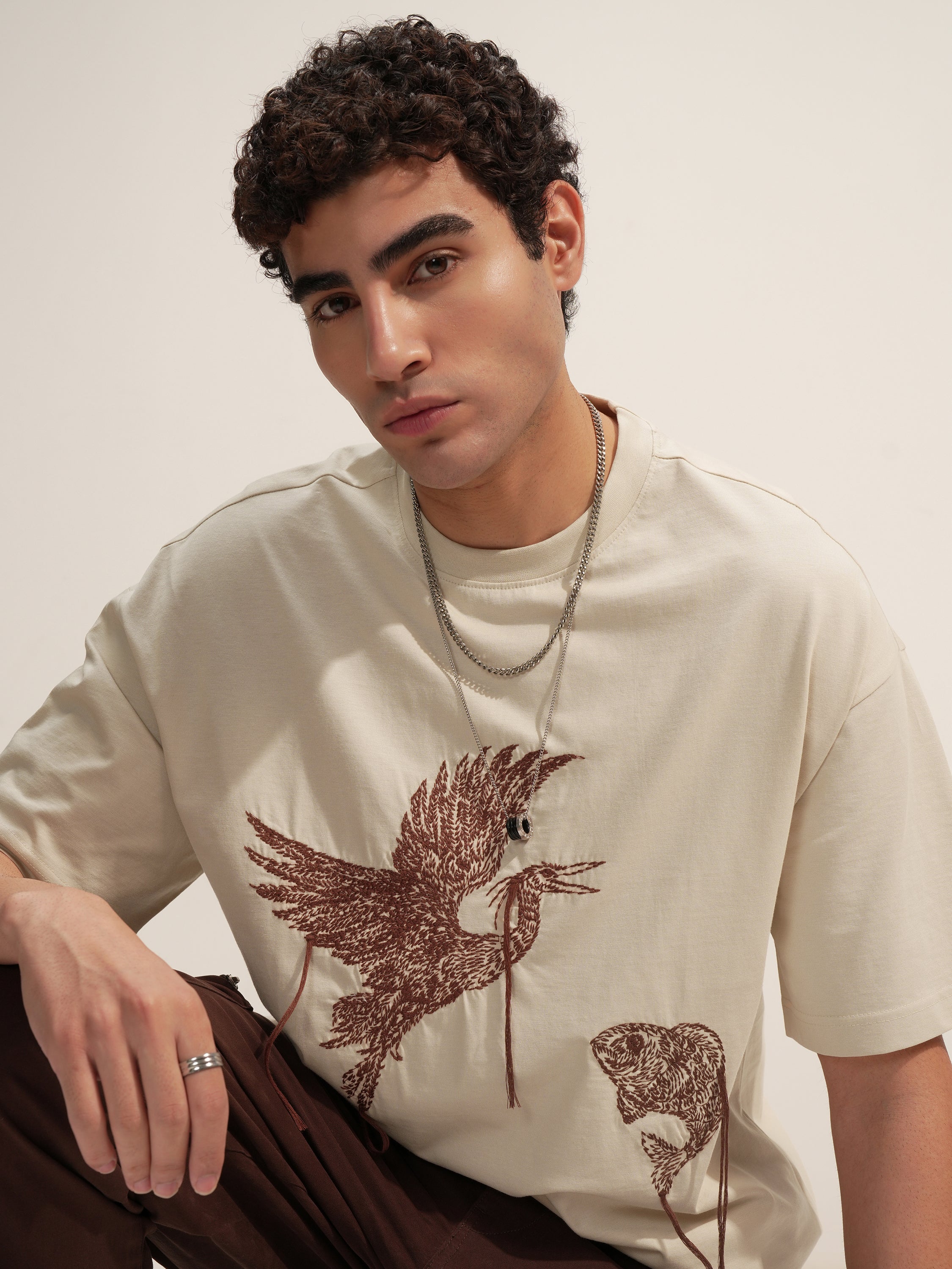 Highlander Men Beige Embroidered Round Neck Oversized Fit T-Shirt - Beige - Image 1