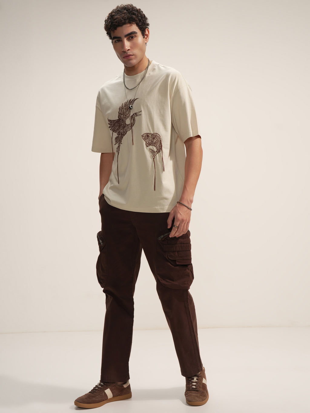 Highlander Men Beige Embroidered Round Neck Oversized Fit T-Shirt - Beige - Image 2