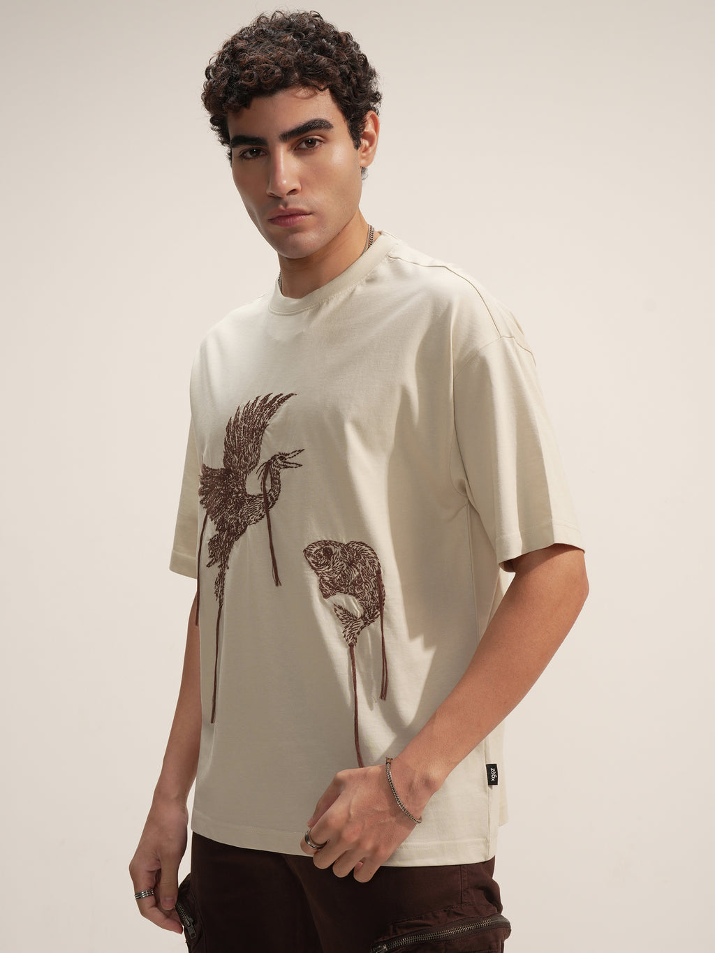 Highlander Men Beige Embroidered Round Neck Oversized Fit T-Shirt - Beige - Image 4