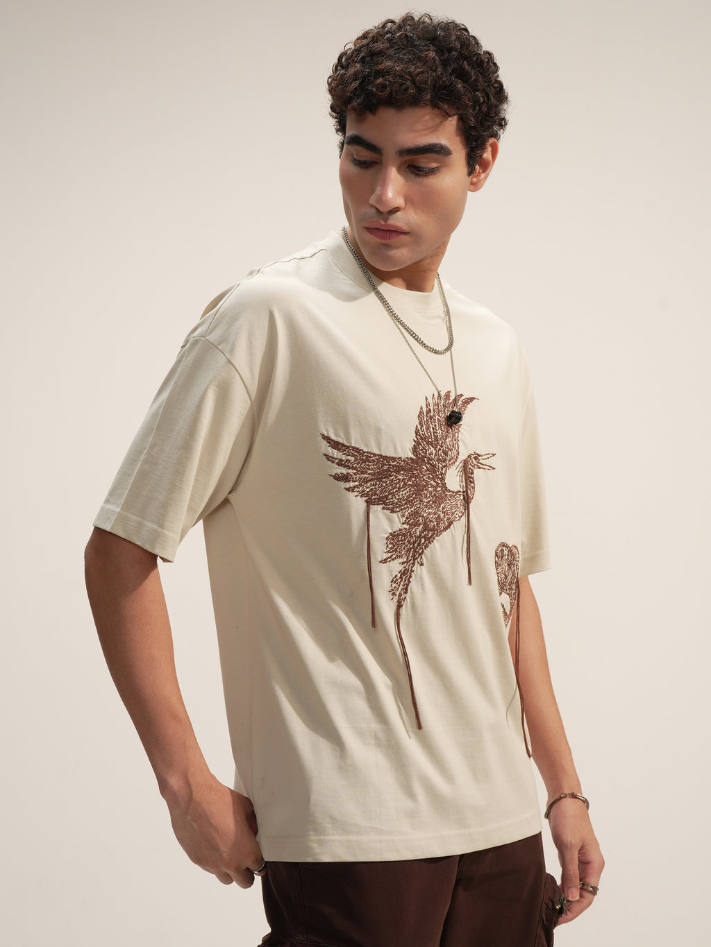Highlander Men Beige Embroidered Round Neck Oversized Fit T-Shirt - Beige - Image 6