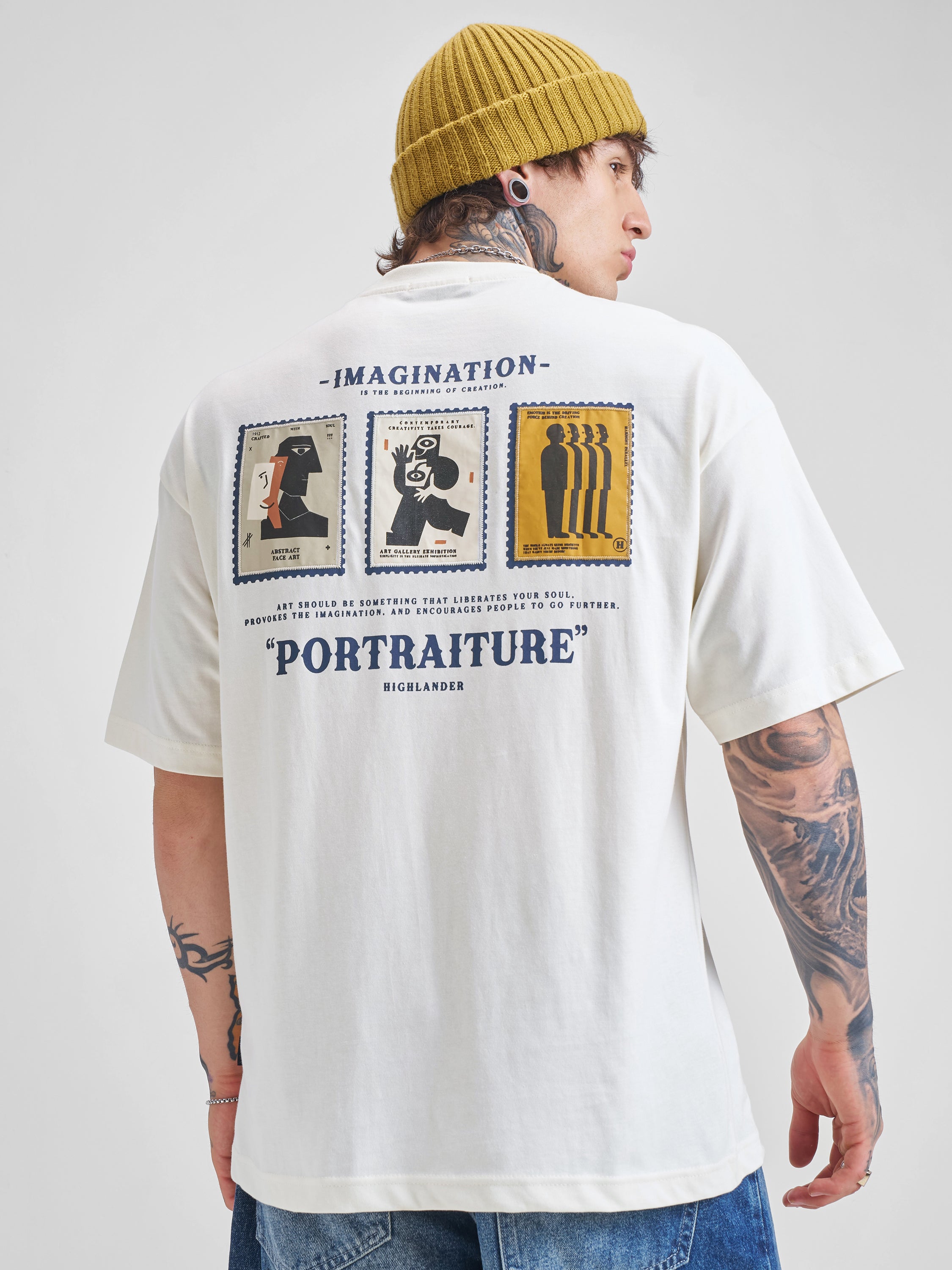 Highlander Men Off White Printed Round Neck Oversized Fit T-Shirt - Off White - Image 1