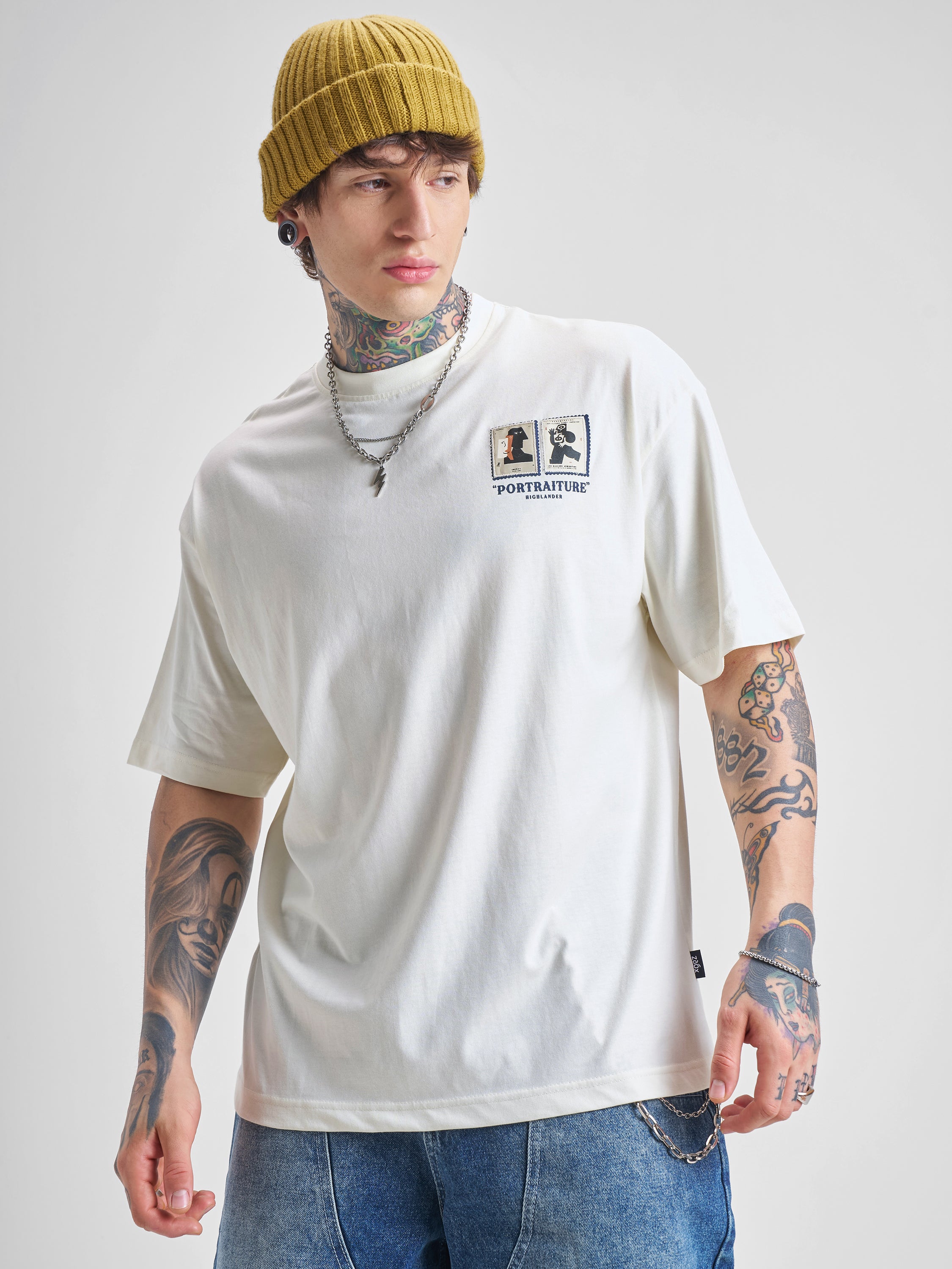 Highlander Men Off White Printed Round Neck Oversized Fit T-Shirt - Off White - Image 3