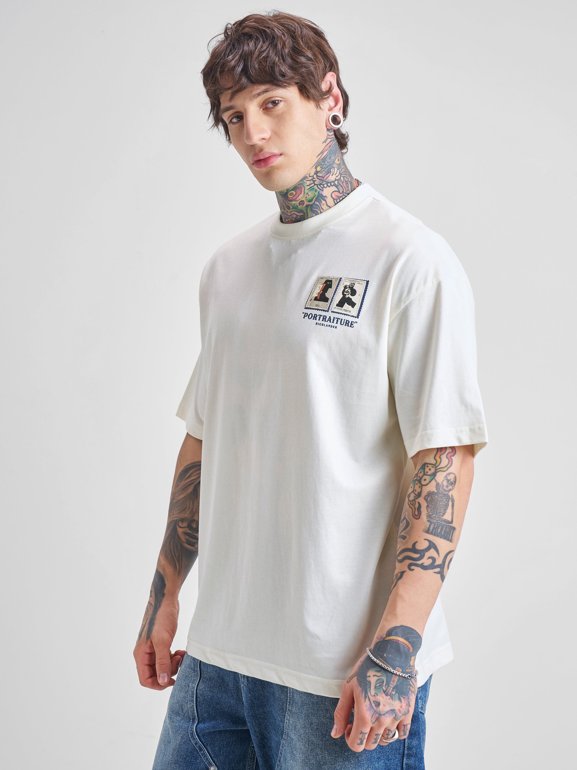 Highlander Men Off White Printed Round Neck Oversized Fit T-Shirt - Off White - Image 4