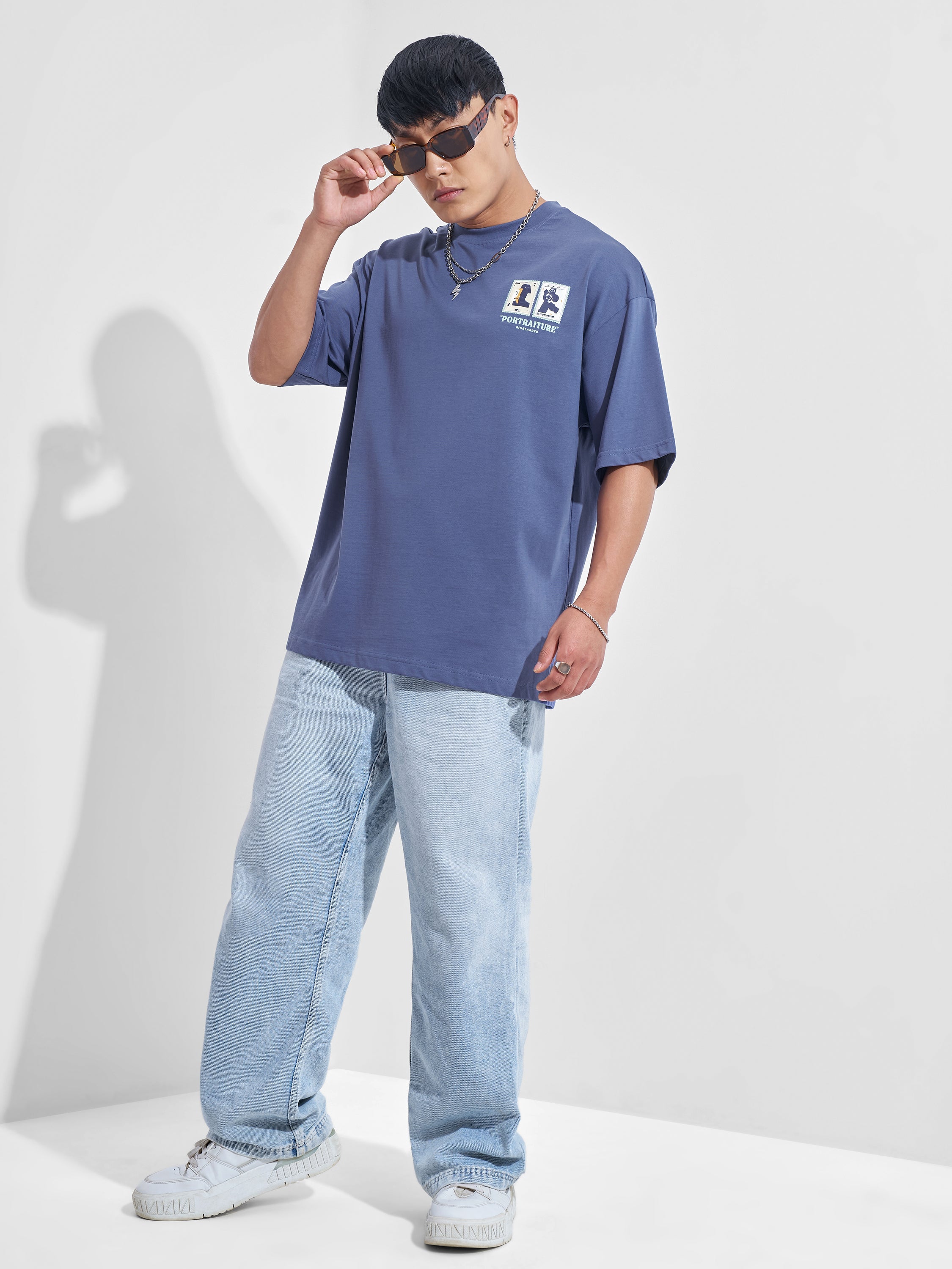 Highlander Men Blue Printed Round Neck Oversized Fit T-Shirt - Blue - Image 2