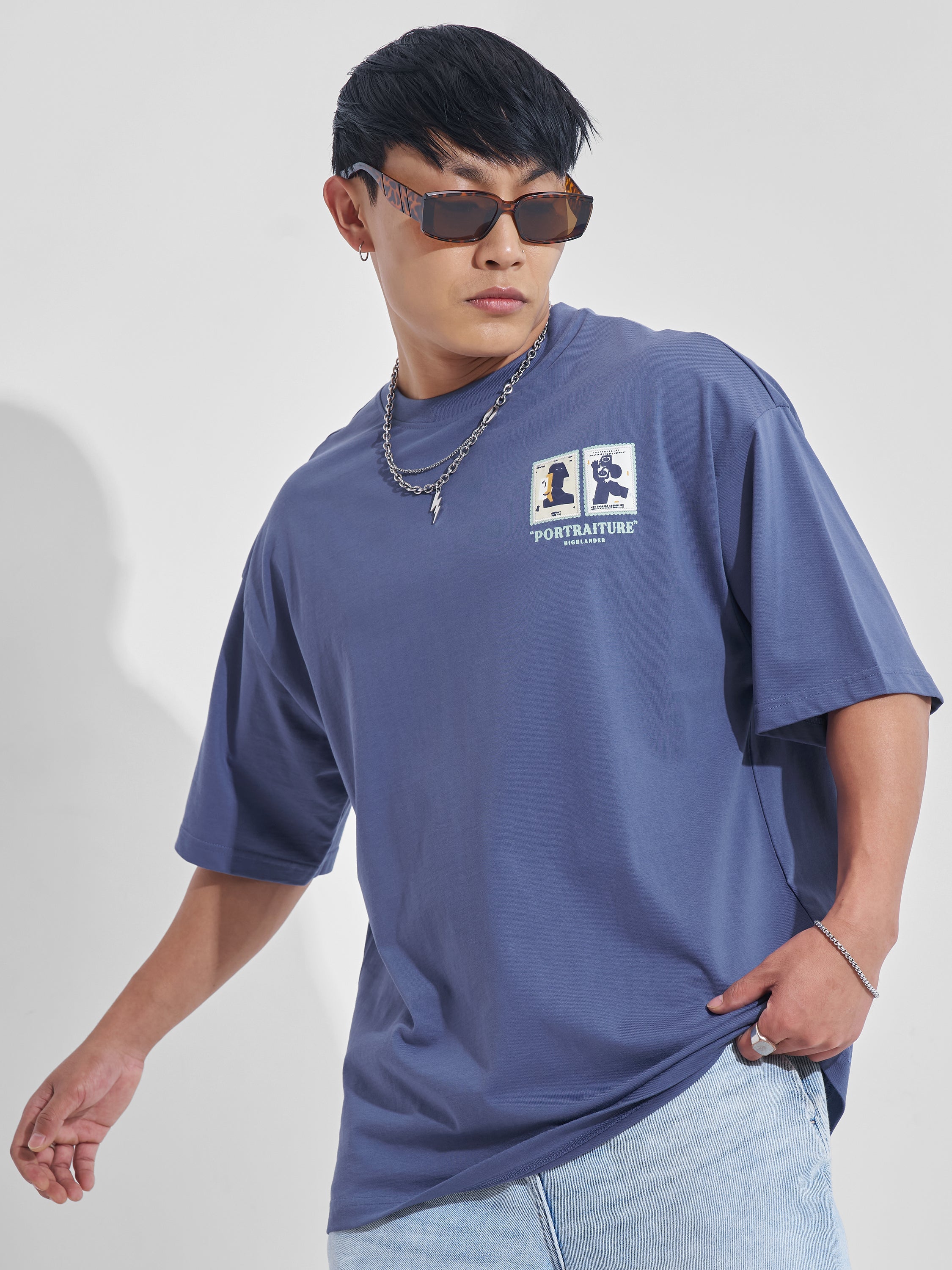 Highlander Men Blue Printed Round Neck Oversized Fit T-Shirt - Blue - Image 3