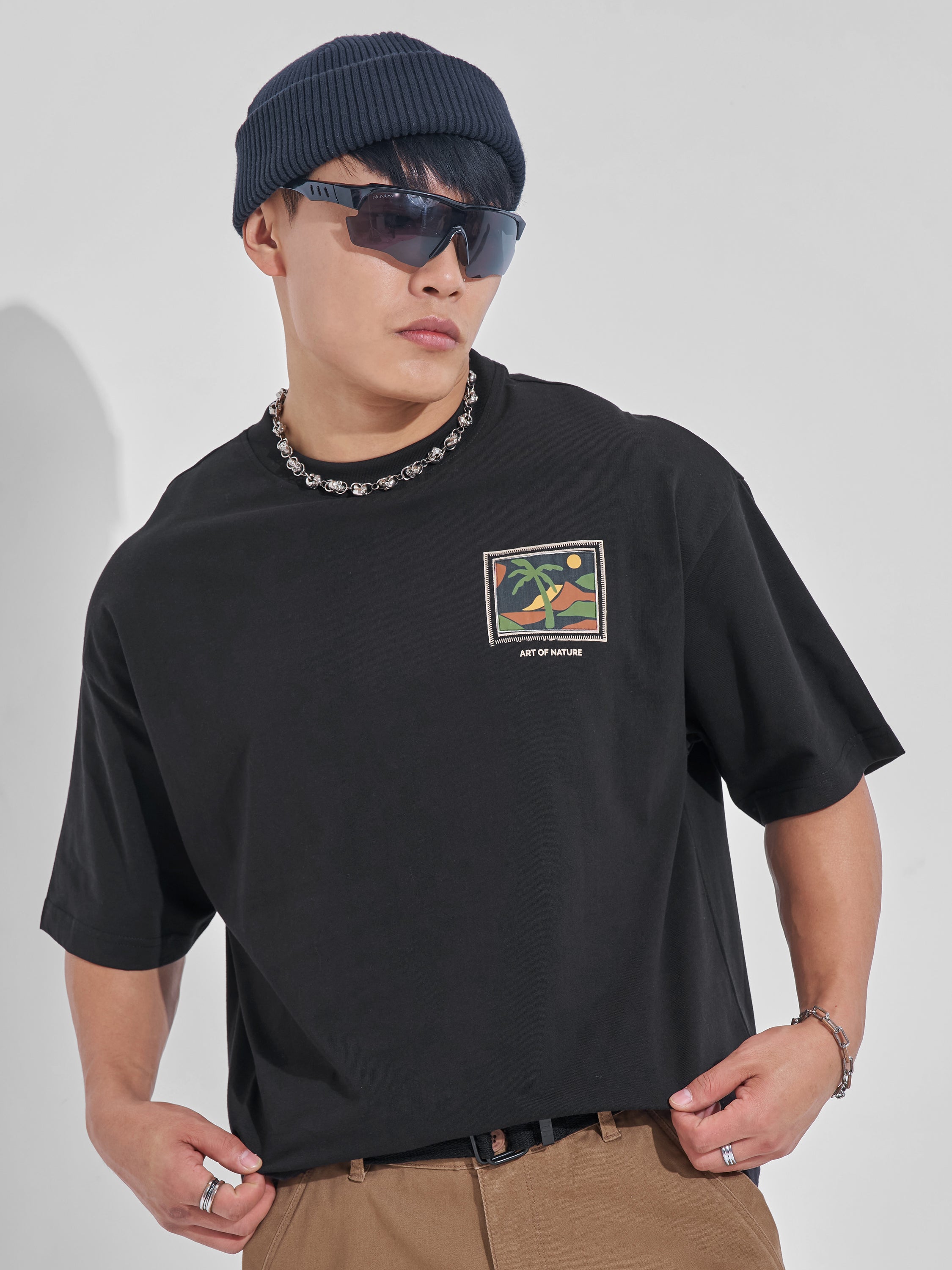 Highlander Men Black Printed Round Neck Oversized Fit T-Shirt - Black - Image 1
