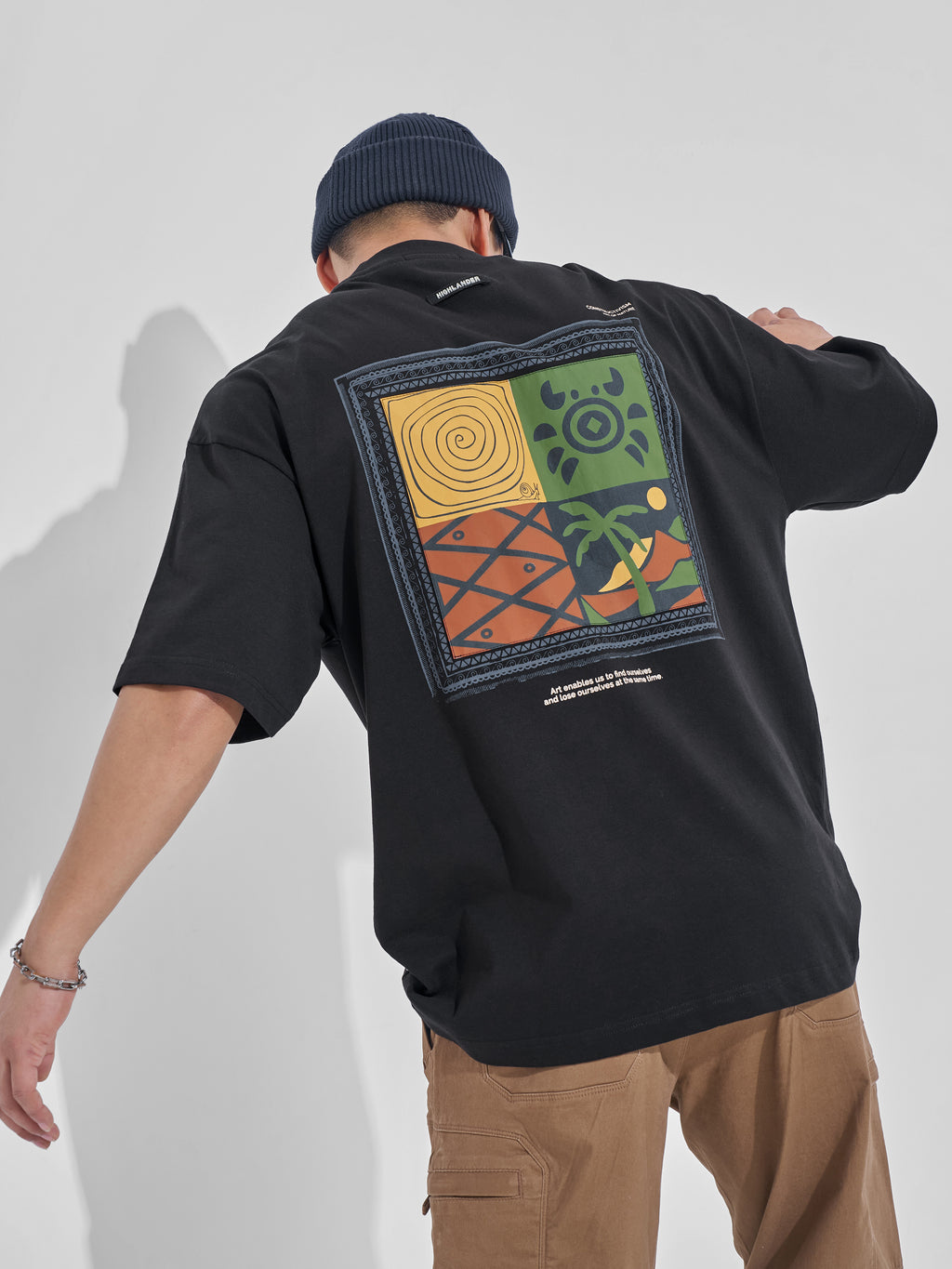 Highlander Men Black Printed Round Neck Oversized Fit T-Shirt - Black - Image 3