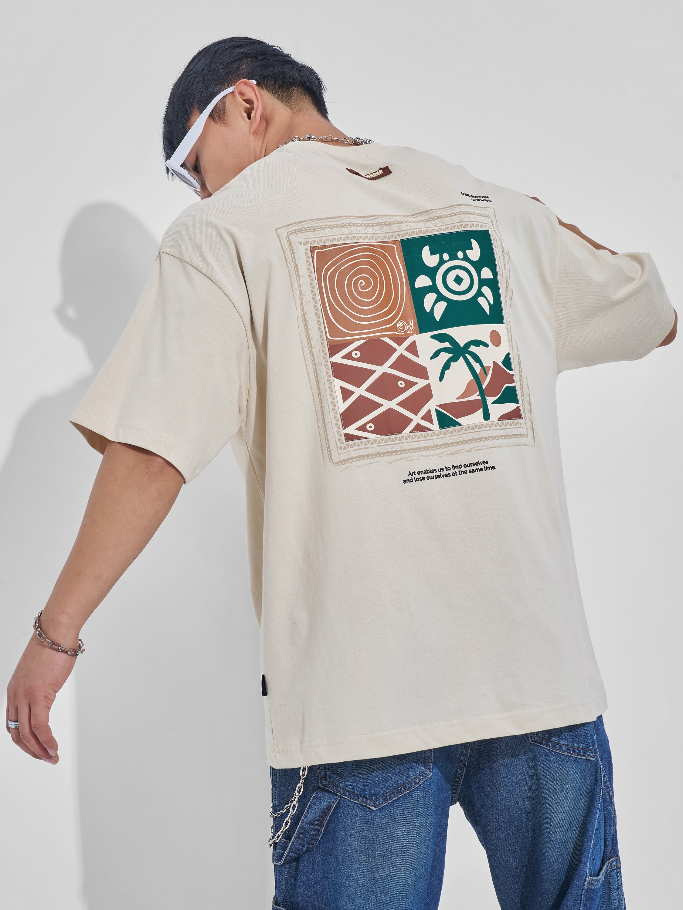 Highlander Men Cream Printed Round Neck Oversized Fit T-Shirt - Cream - Image 1