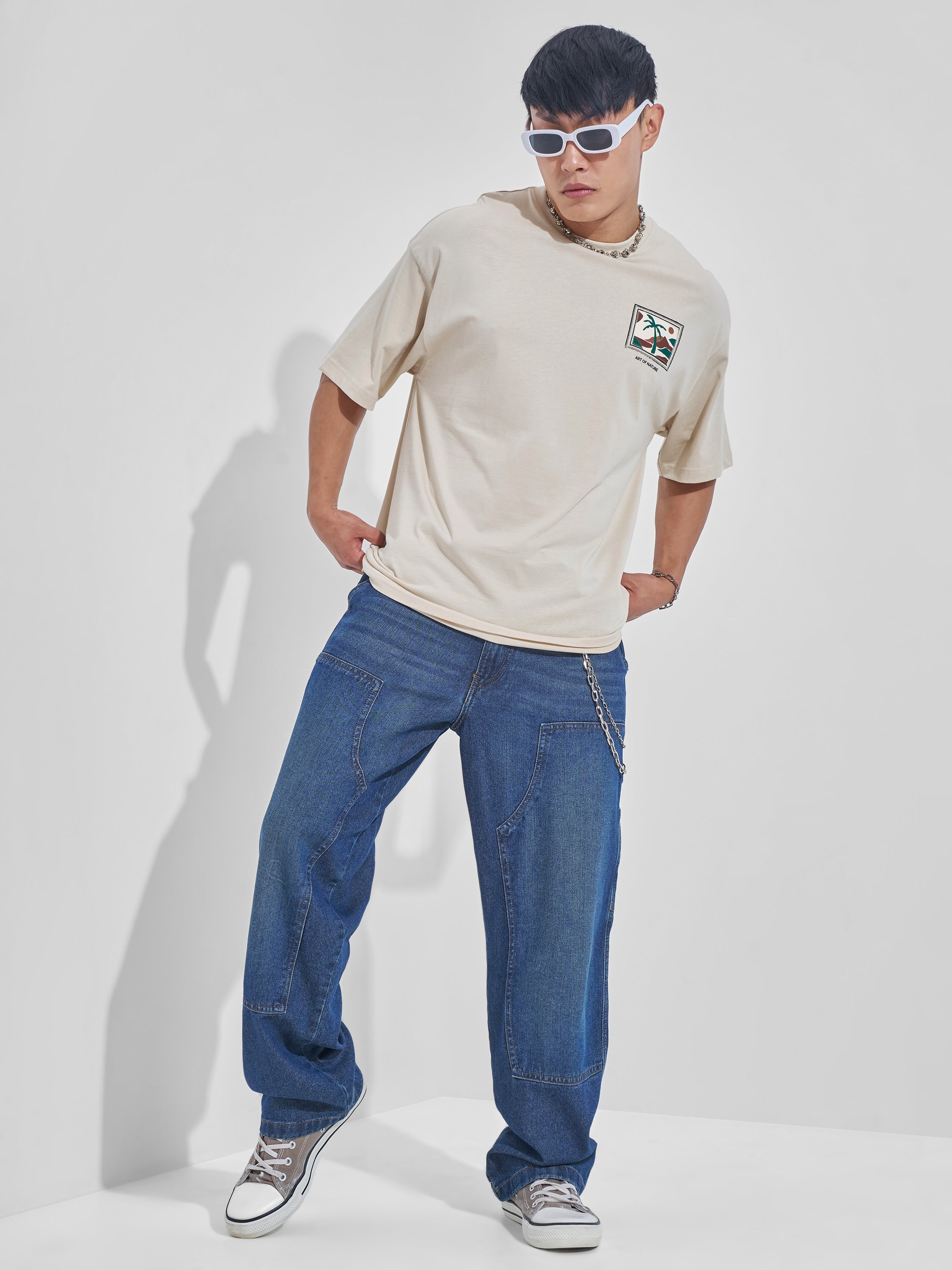 Highlander Men Cream Printed Round Neck Oversized Fit T-Shirt - Cream - Image 2