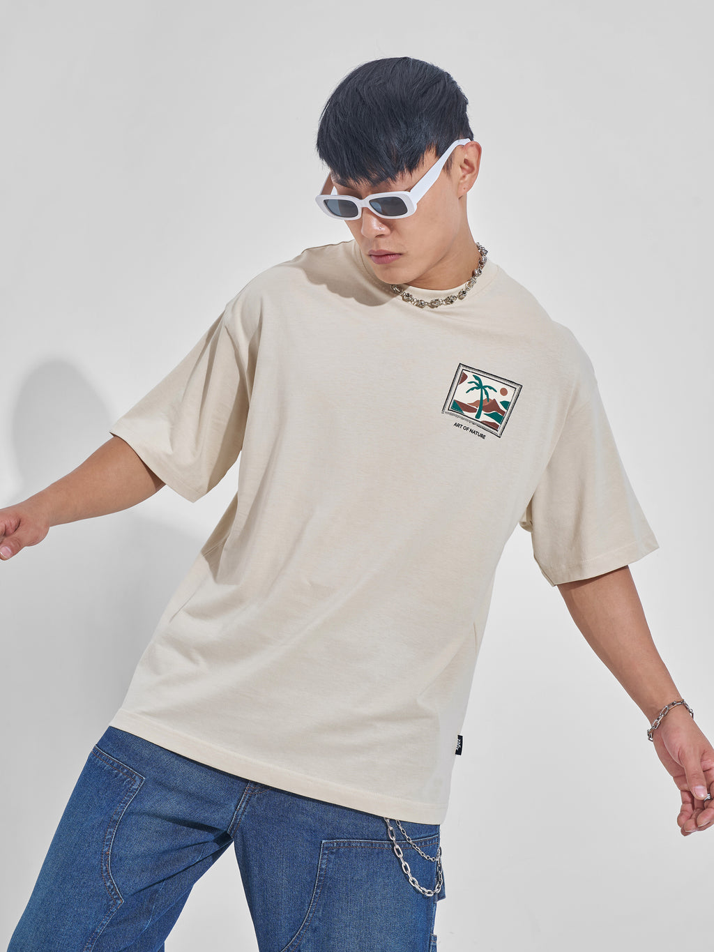Highlander Men Cream Printed Round Neck Oversized Fit T-Shirt - Cream - Image 3