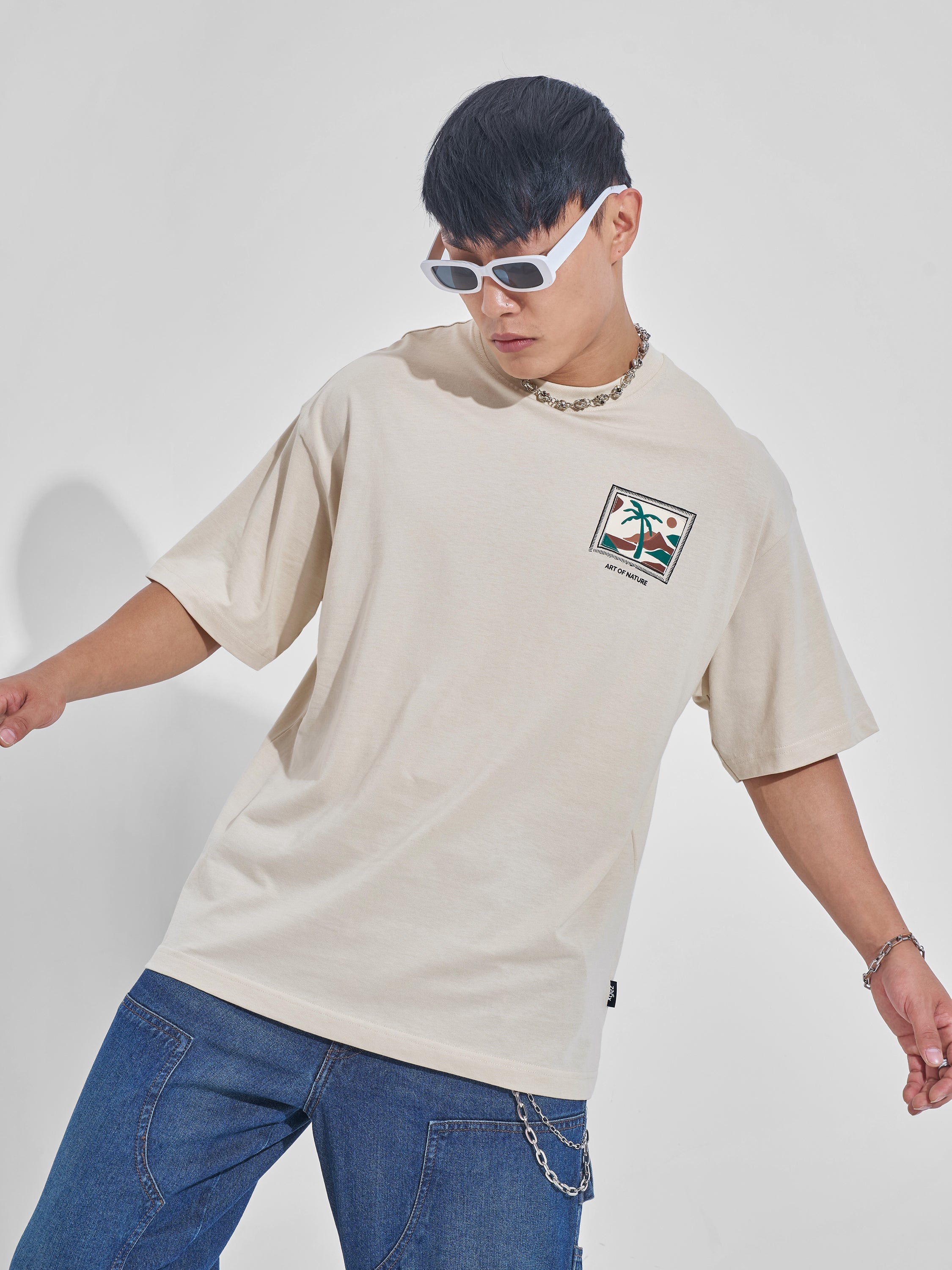 Highlander Men Cream Printed Round Neck Oversized Fit T-Shirt - Cream - Image 3