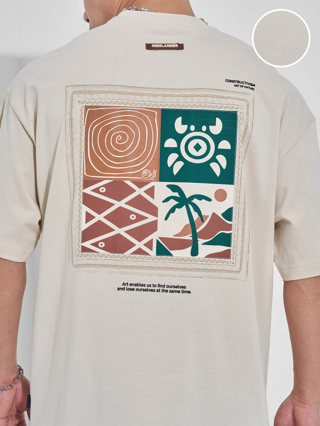 Highlander Men Cream Printed Round Neck Oversized Fit T-Shirt - Cream - Image 5