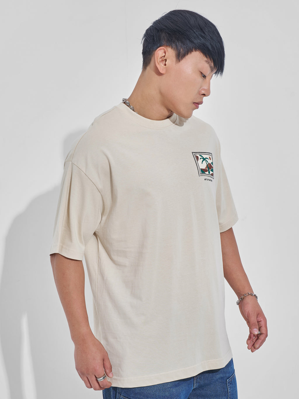 Highlander Men Cream Printed Round Neck Oversized Fit T-Shirt - Cream - Image 6