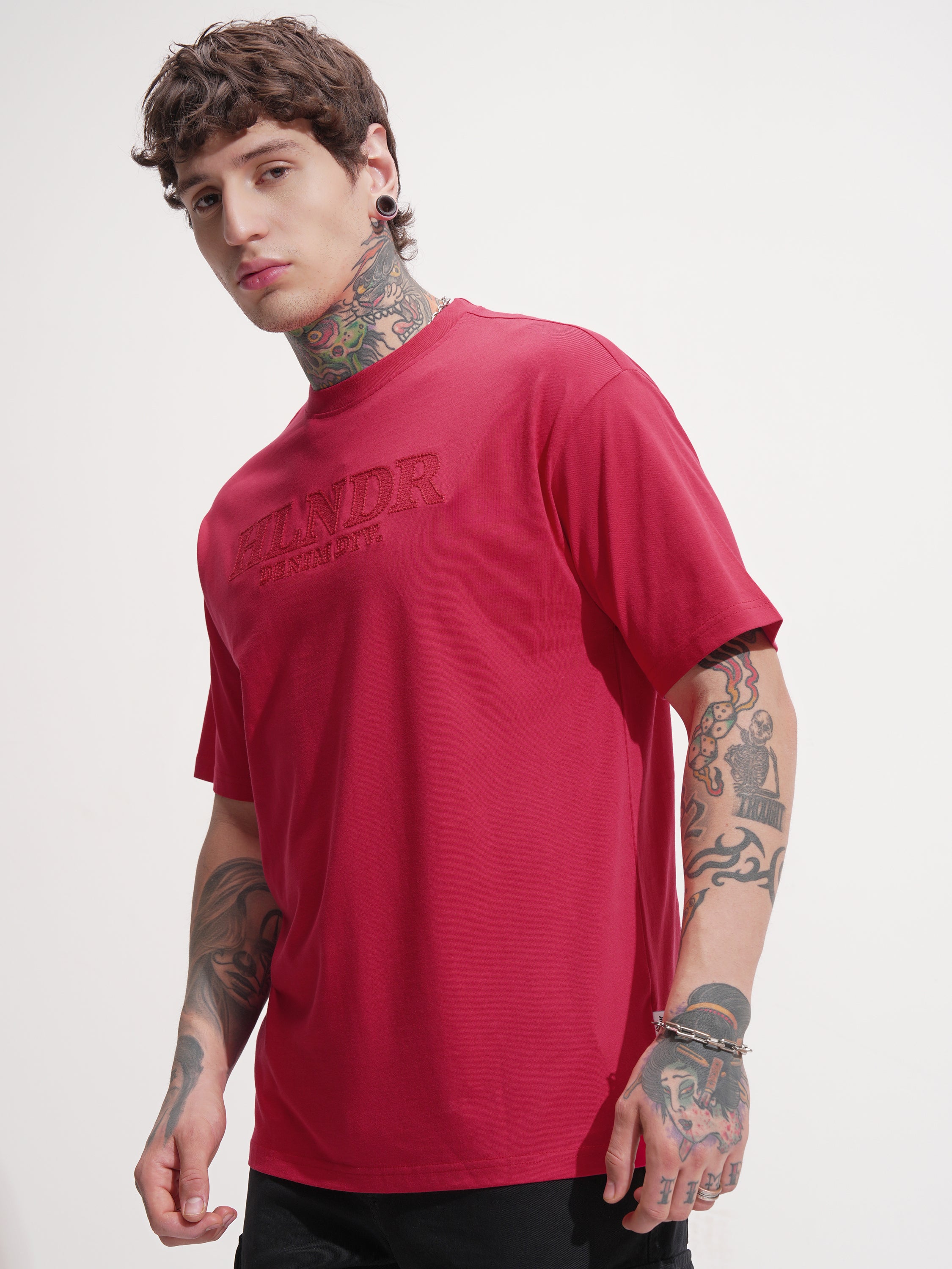 Highlander Men Red Self Design Round Neck T-Shirt - Red - Image 4